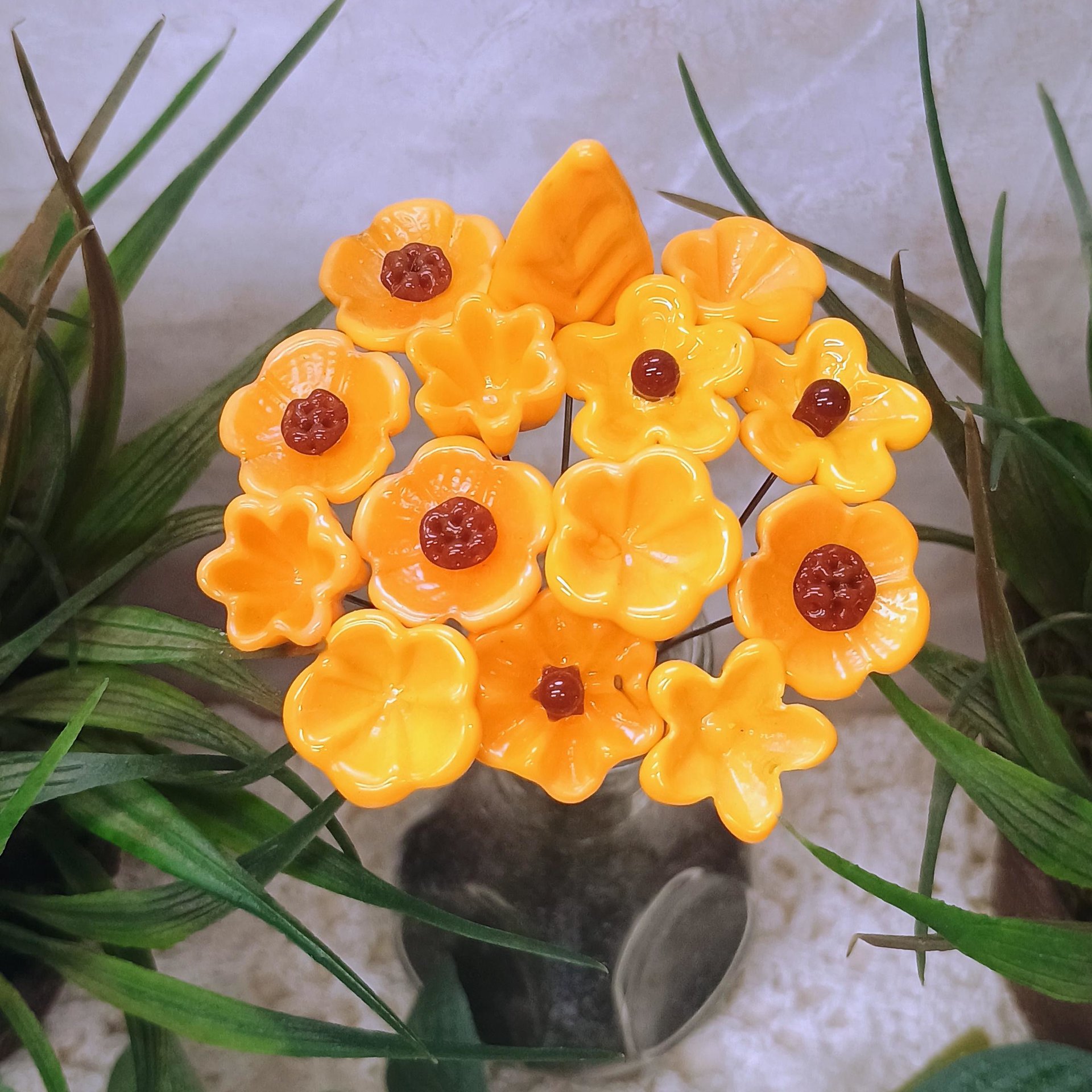 Merigold Butterscotch tiny glass flowers on wire headpins; handcraft lampwork: jewelry, gifts, wedding, bouquets, mixed media fall autumn