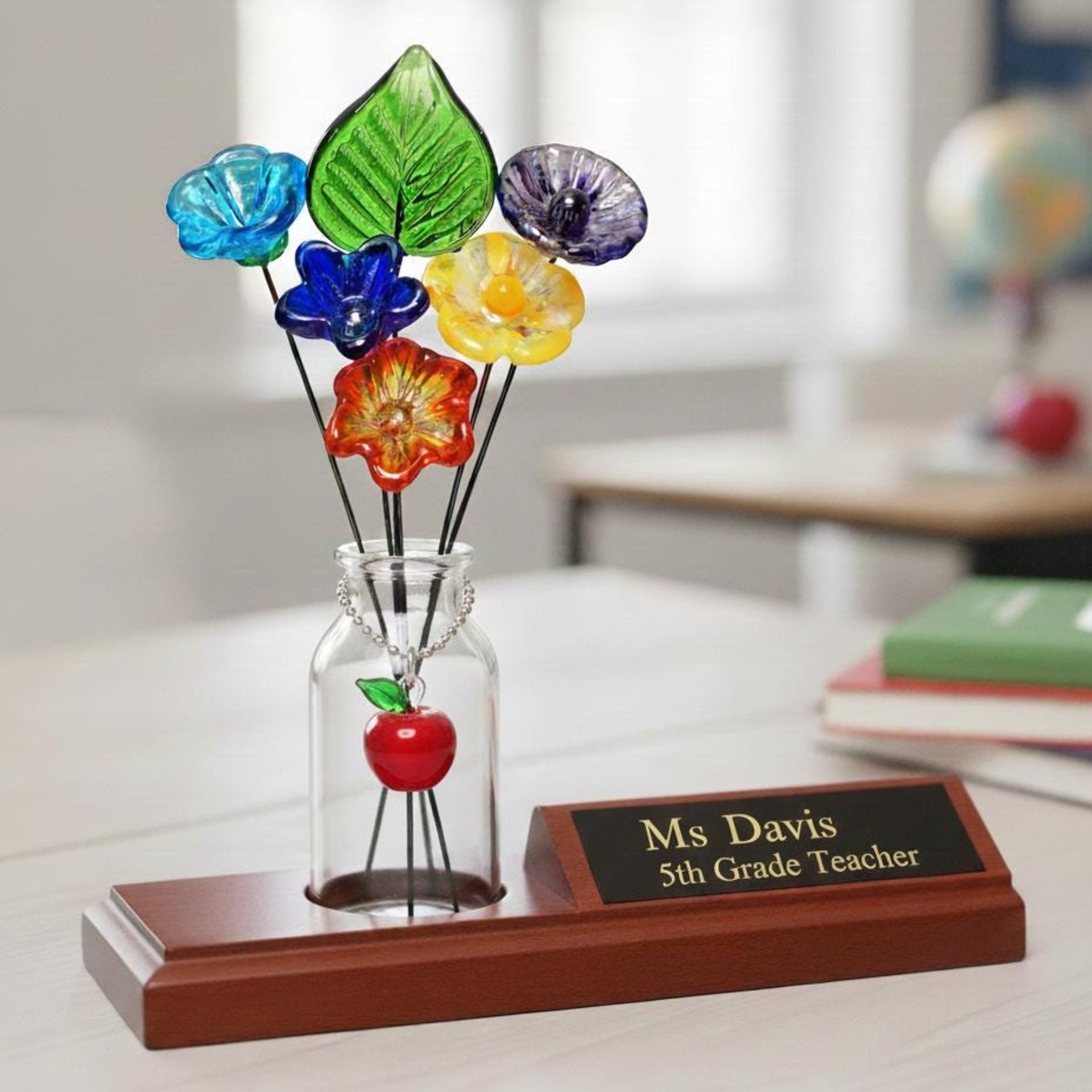 Lil' Somethin' Glass Flower Bouquet; 5 glass flowers + 1 leaf;tiny mini small glass flowers in a bouquet; gift, coworker, love, just because