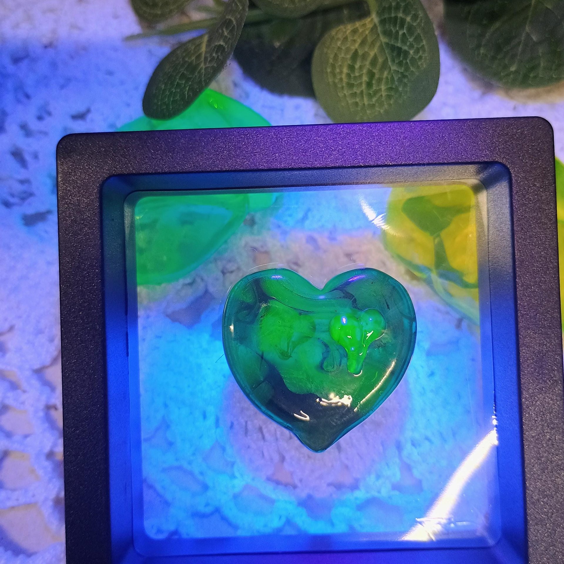 My Green Heart Glows! Uranium Large Heart 1.125" (25mm) sage green glass with uranium swirls; this pocket heart is perfect for gift or curio