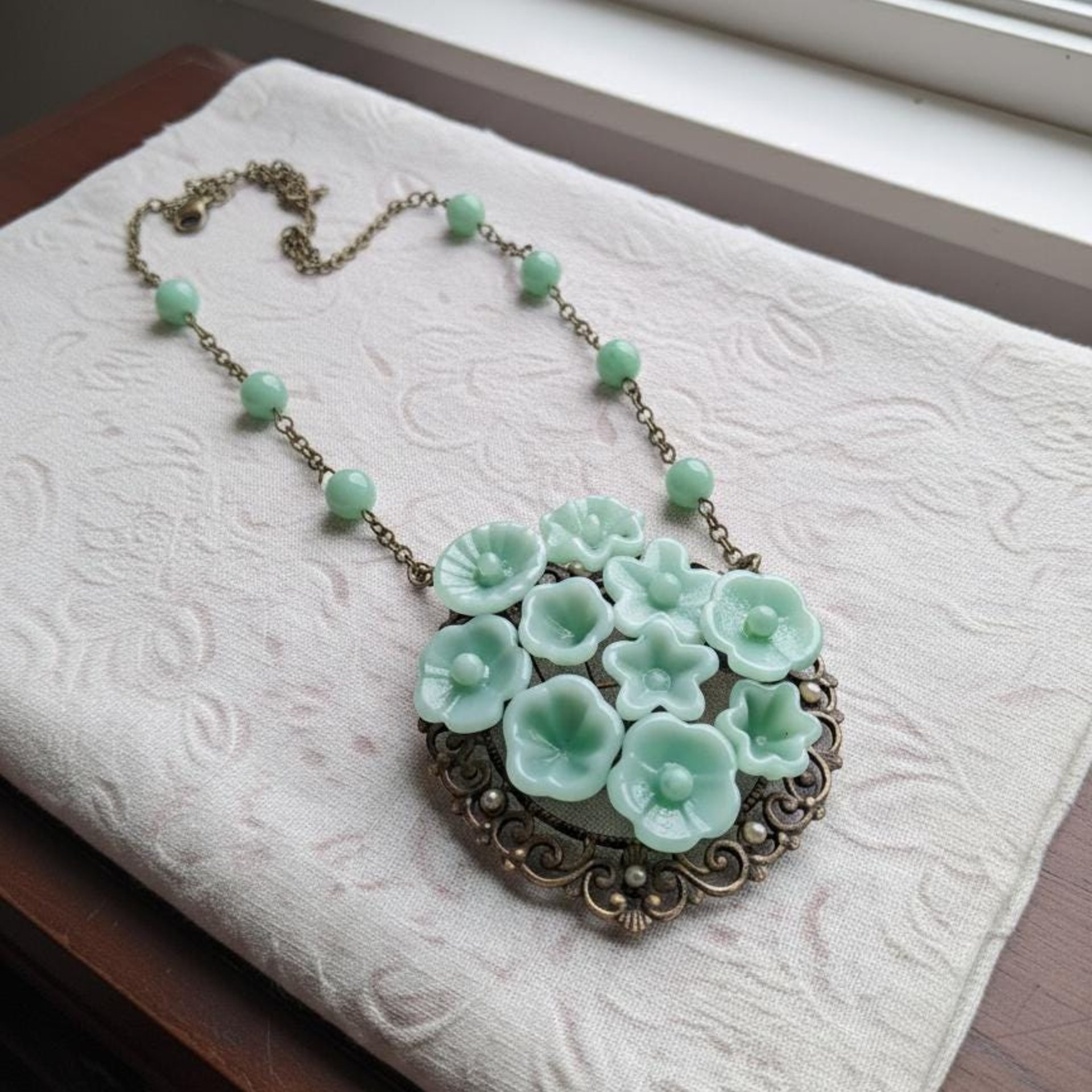 Jadeite Green Glass Flower Bouquet; set/12 tiny small mini glass flowers; handcrafted lampwork flowers vintage on 5inch stainless steel wire