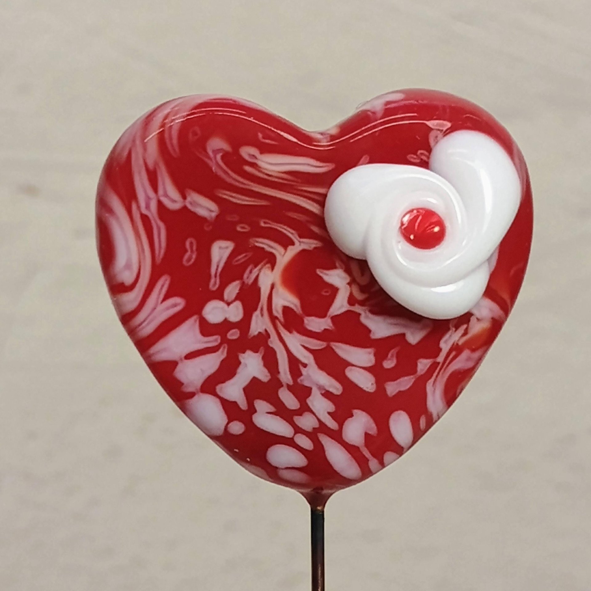 Custom Made Glass Heart Plant Pick for small floral bouquet, 3/4"x5in wire; handcraft lampwork, jewelry, gift, curio, windowsill, small vase