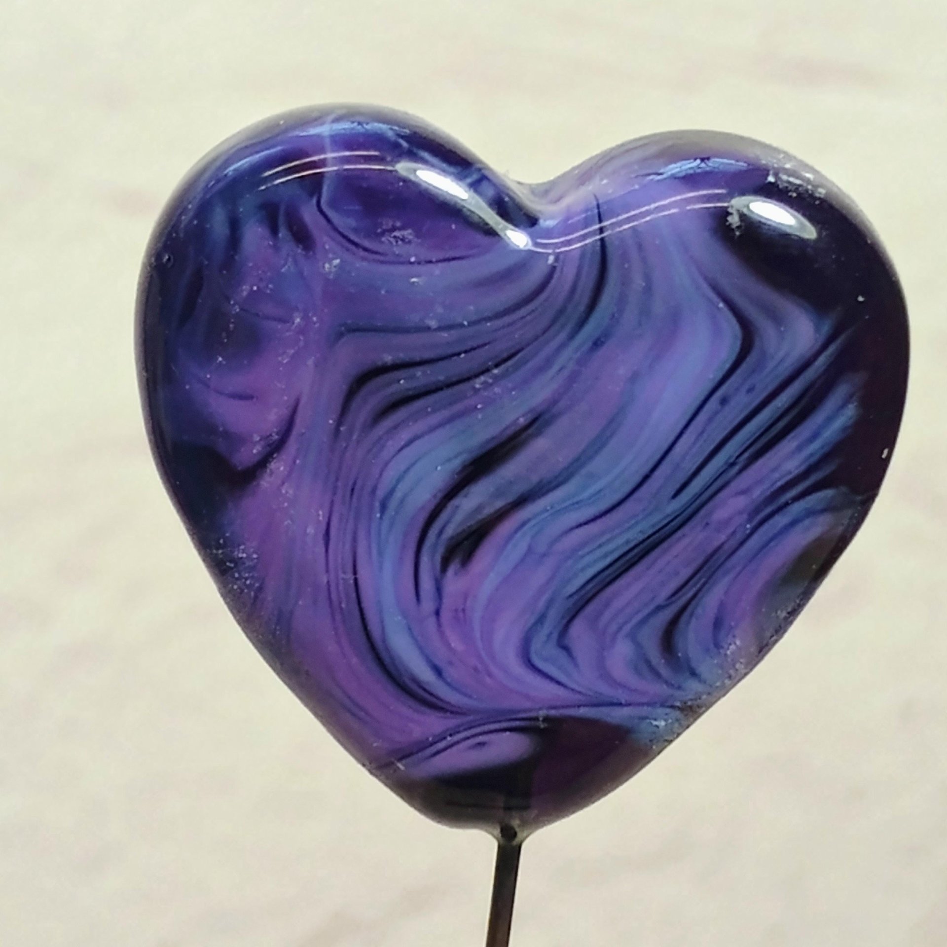 Custom Made Glass Heart Plant Pick for small floral bouquet, 3/4"x5in wire; handcraft lampwork, jewelry, gift, curio, windowsill, small vase