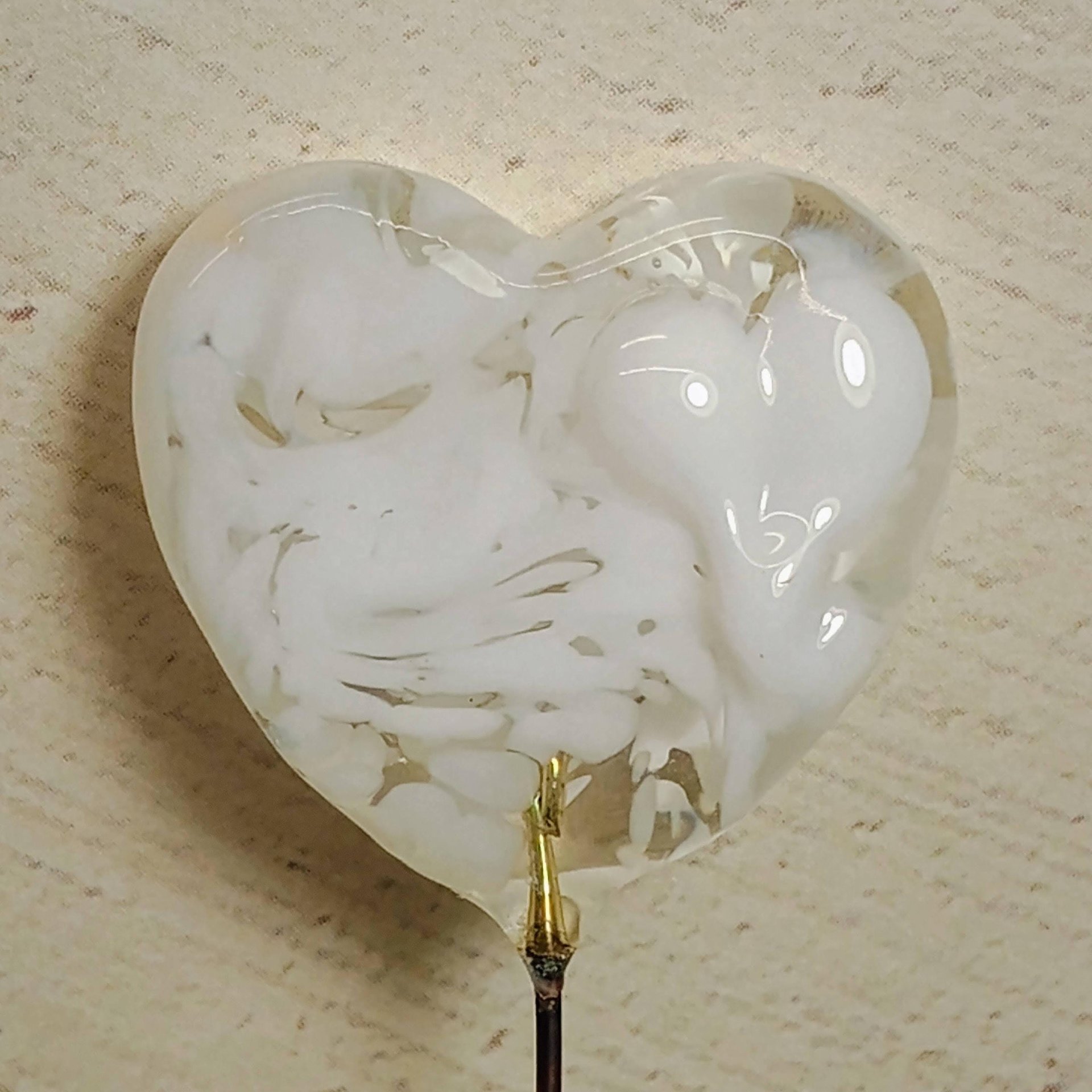 Custom Made Glass Heart Plant Pick for small floral bouquet, 3/4"x5in wire; handcraft lampwork, jewelry, gift, curio, windowsill, small vase