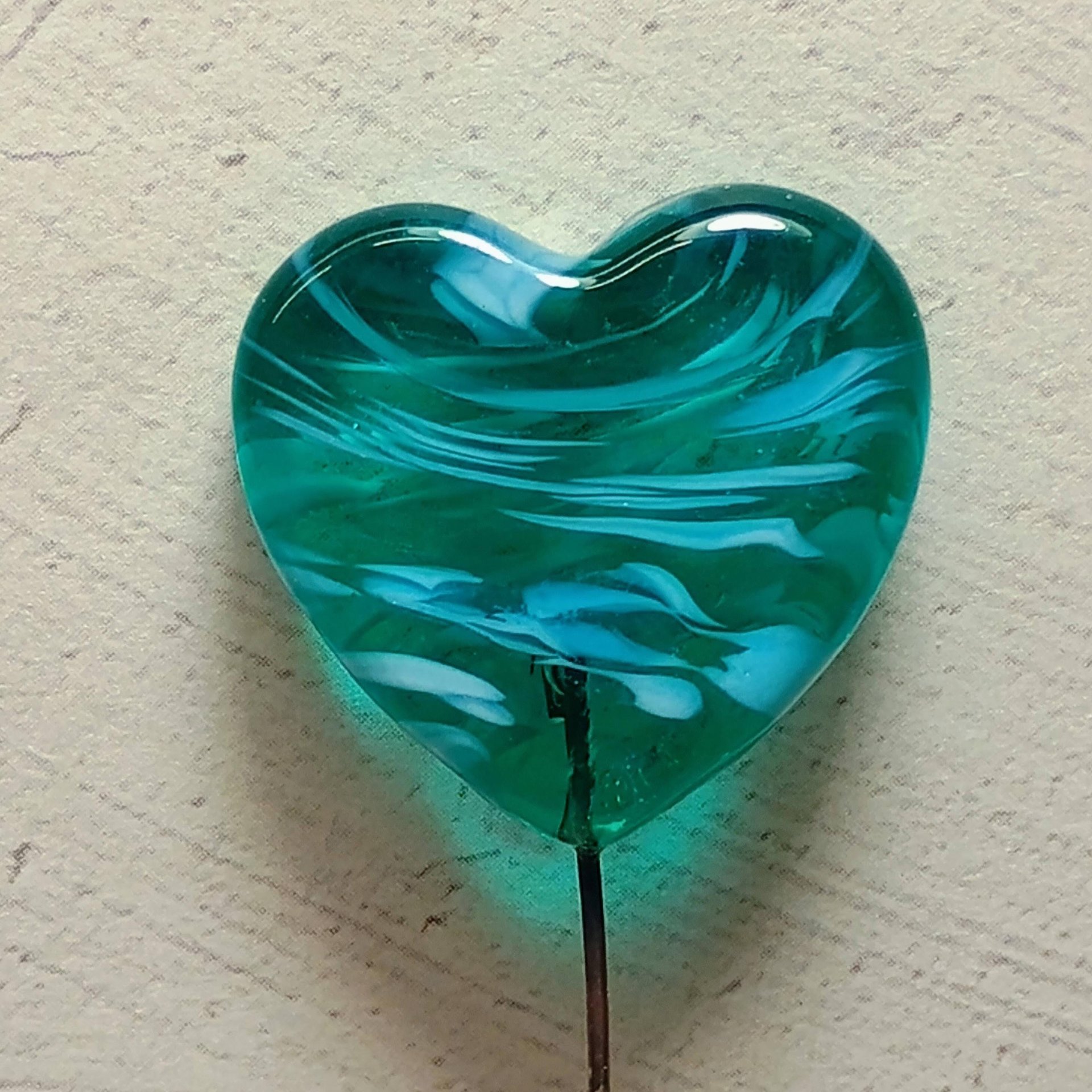 Custom Made Glass Heart Plant Pick for small floral bouquet, 3/4"x5in wire; handcraft lampwork, jewelry, gift, curio, windowsill, small vase