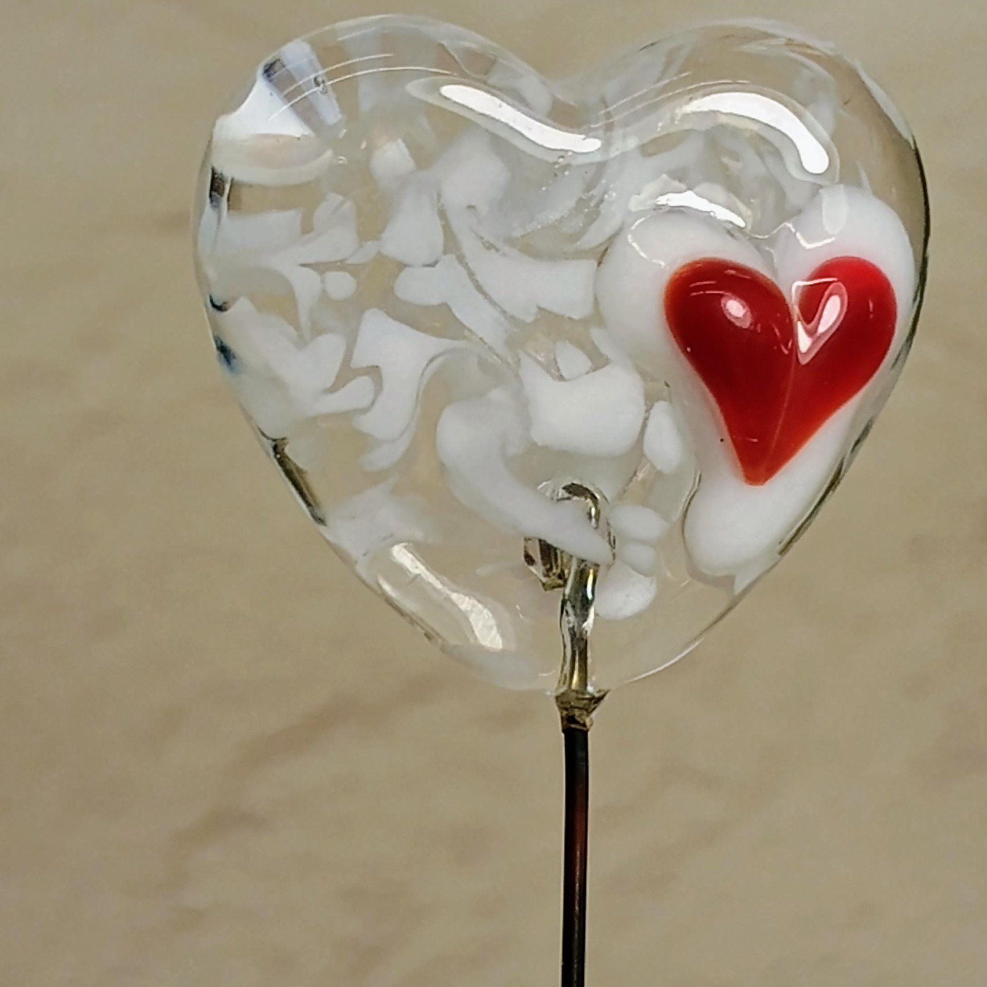 Custom Made Glass Heart Plant Pick for small floral bouquet, 3/4"x5in wire; handcraft lampwork, jewelry, gift, curio, windowsill, small vase