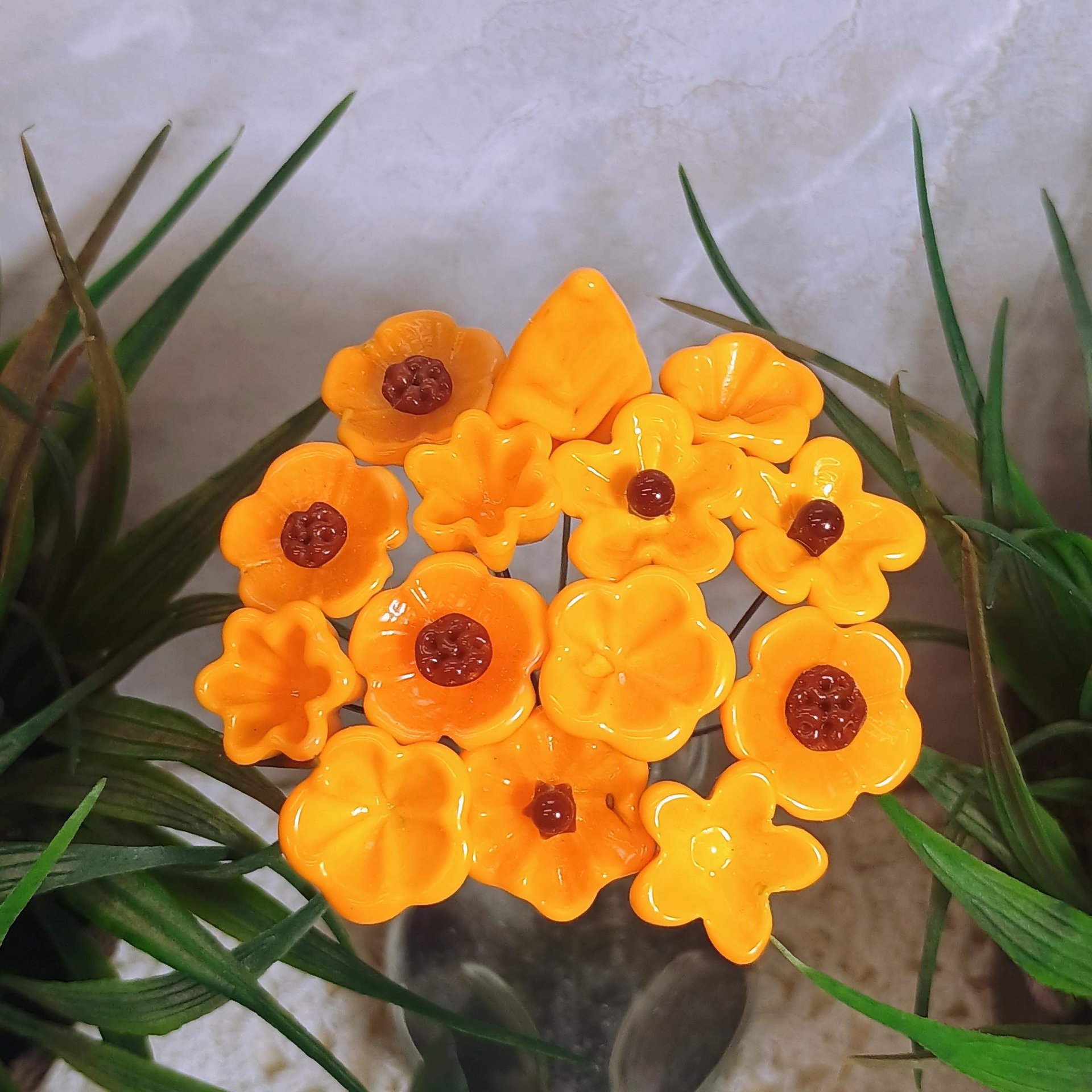 Merigold Butterscotch tiny glass flowers on wire headpins; handcraft lampwork: jewelry, gifts, wedding, bouquets, mixed media fall autumn