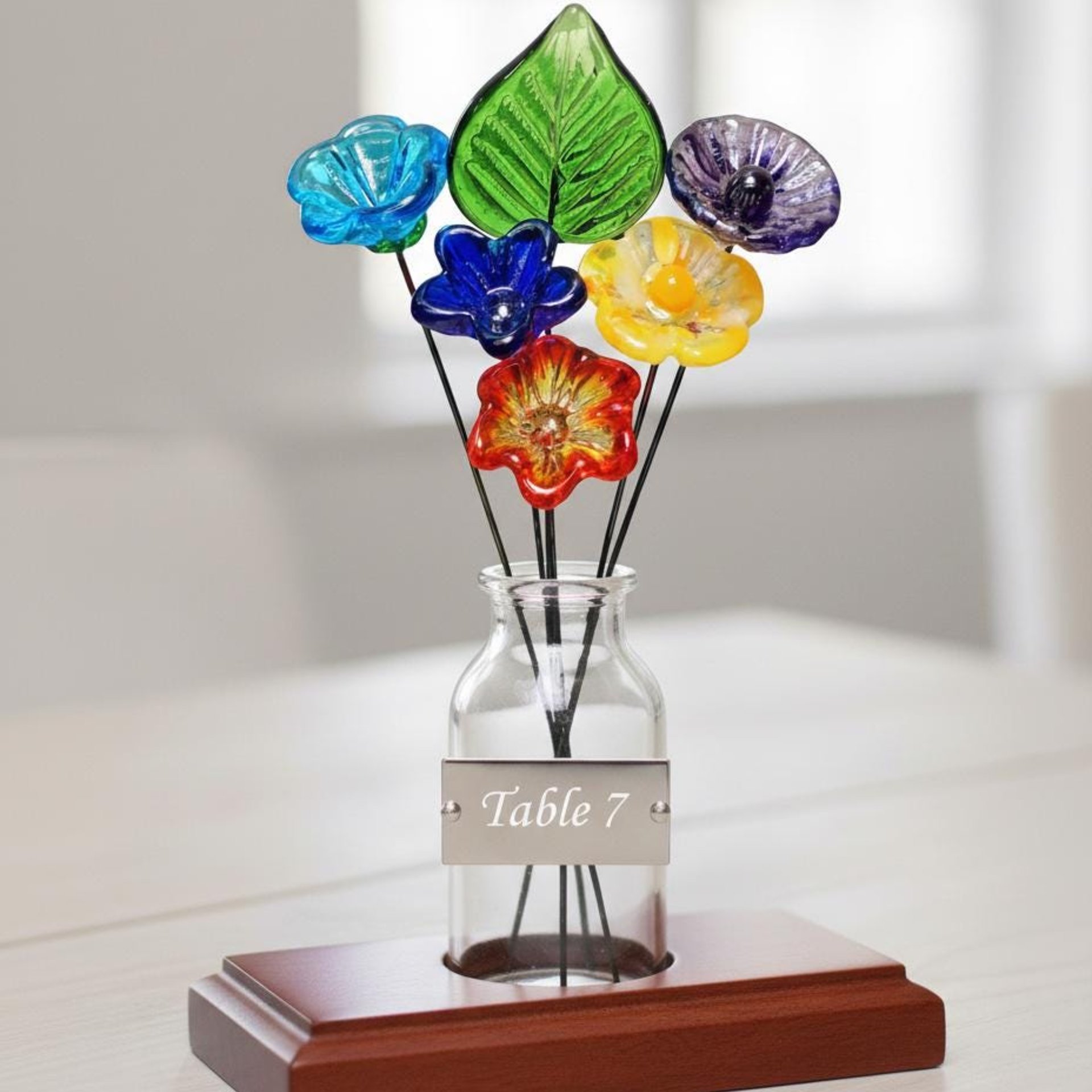 Lil' Somethin' Glass Flower Bouquet; 5 glass flowers + 1 leaf;tiny mini small glass flowers in a bouquet; gift, coworker, love, just because