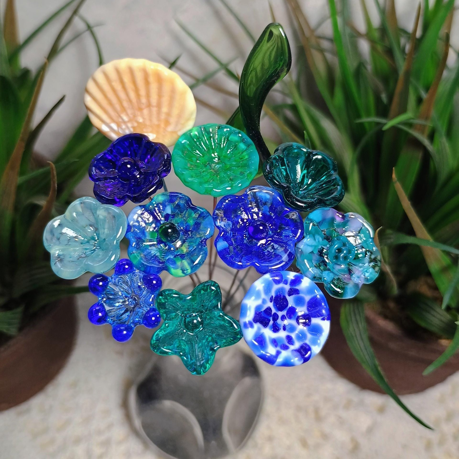 Ocean Beach Bouquet mixed glass flowers with ocean beach colors, tiny small mini glass flowers; each unique, great gift! ocean, beach, sand