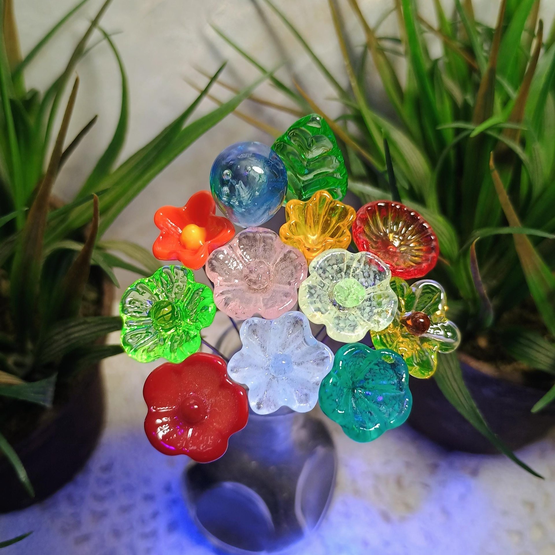 Uranium RAINBOW GLOW Bouquet multi color UV reactive mini tiny small glass flowers individually crafted lampwork colorful bouquet 395nm best