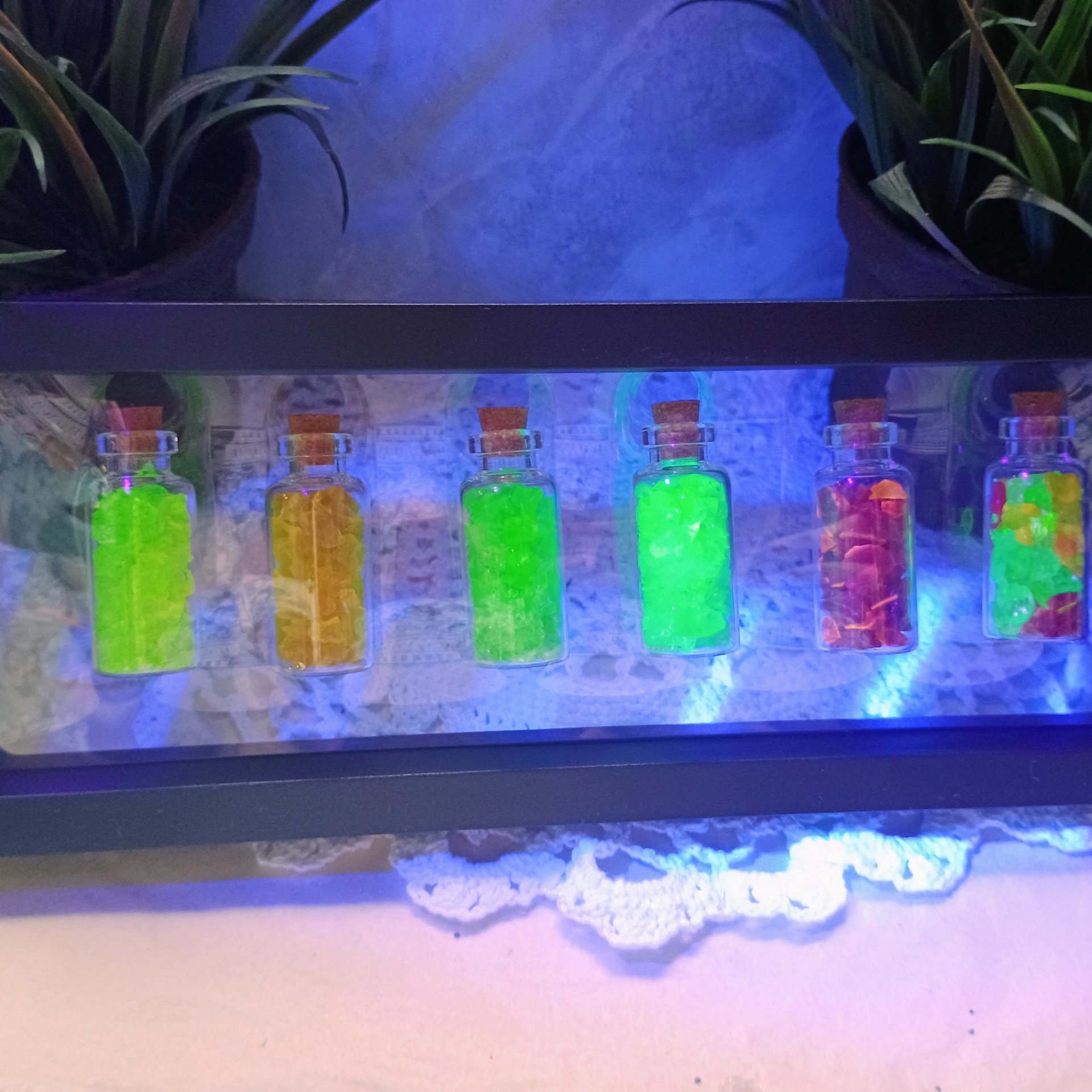 Uranium UV Glass Chips in Larger 1.75" Bottle Jar; Uranium, Green, Blue, Yellow, Amberina; curio, jewelry, mixed media, UV GLOW 365nm 395nm