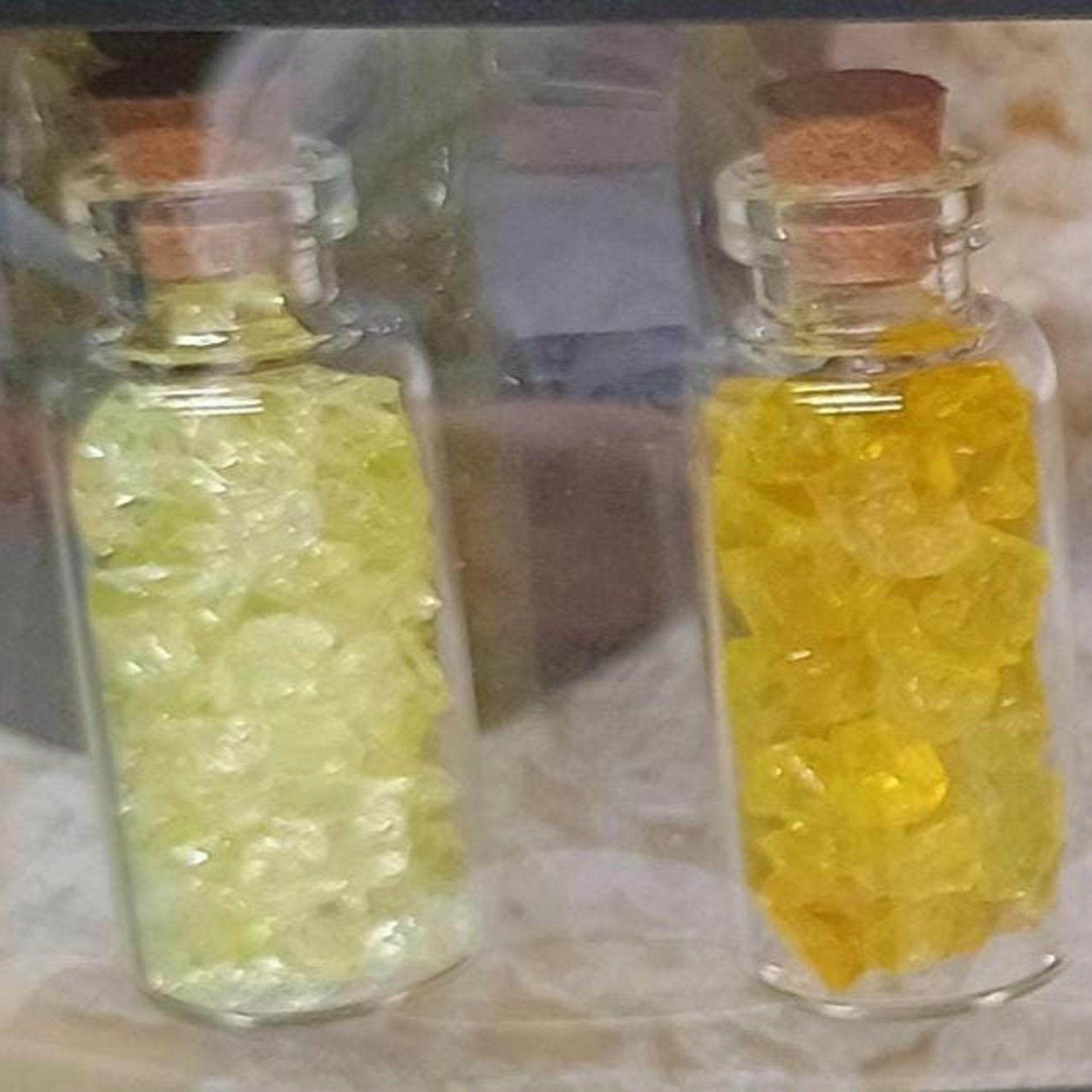 Uranium UV Glass Chips in Larger 1.75" Bottle Jar; Uranium, Green, Blue, Yellow, Amberina; curio, jewelry, mixed media, UV GLOW 365nm 395nm