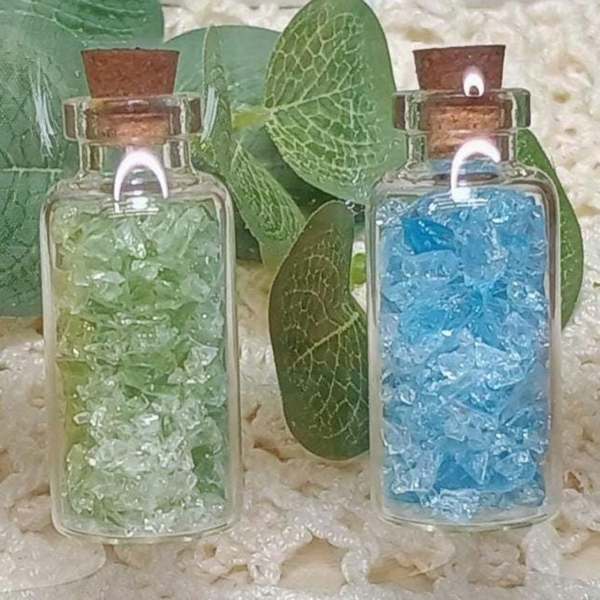 Uranium UV Glass Chips in Larger 1.75" Bottle Jar; Uranium, Green, Blue, Yellow, Amberina; curio, jewelry, mixed media, UV GLOW 365nm 395nm