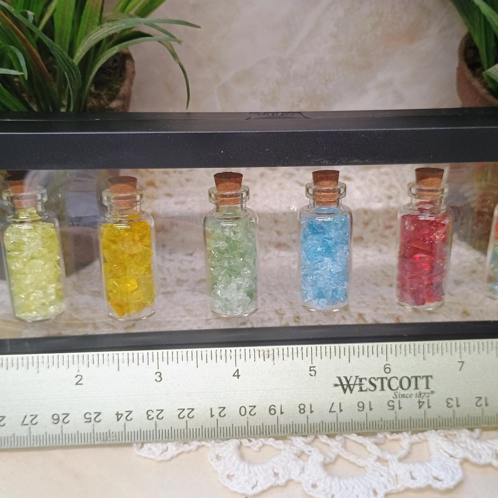 Uranium UV Glass Chips in Larger 1.75" Bottle Jar; Uranium, Green, Blue, Yellow, Amberina; curio, jewelry, mixed media, UV GLOW 365nm 395nm