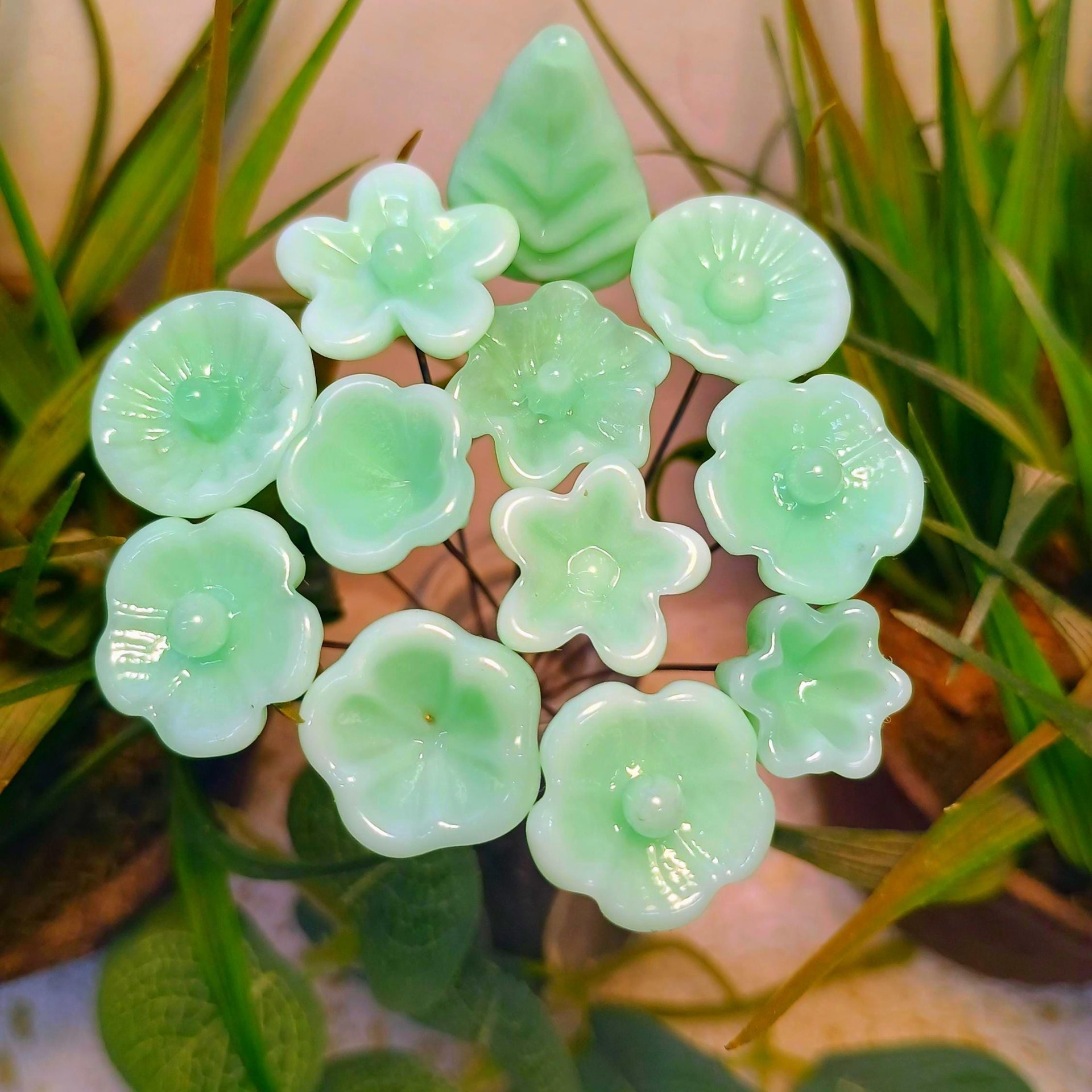 Jadeite Green Glass Flower Bouquet; set/12 tiny small mini glass flowers; handcrafted lampwork flowers vintage on 5inch stainless steel wire
