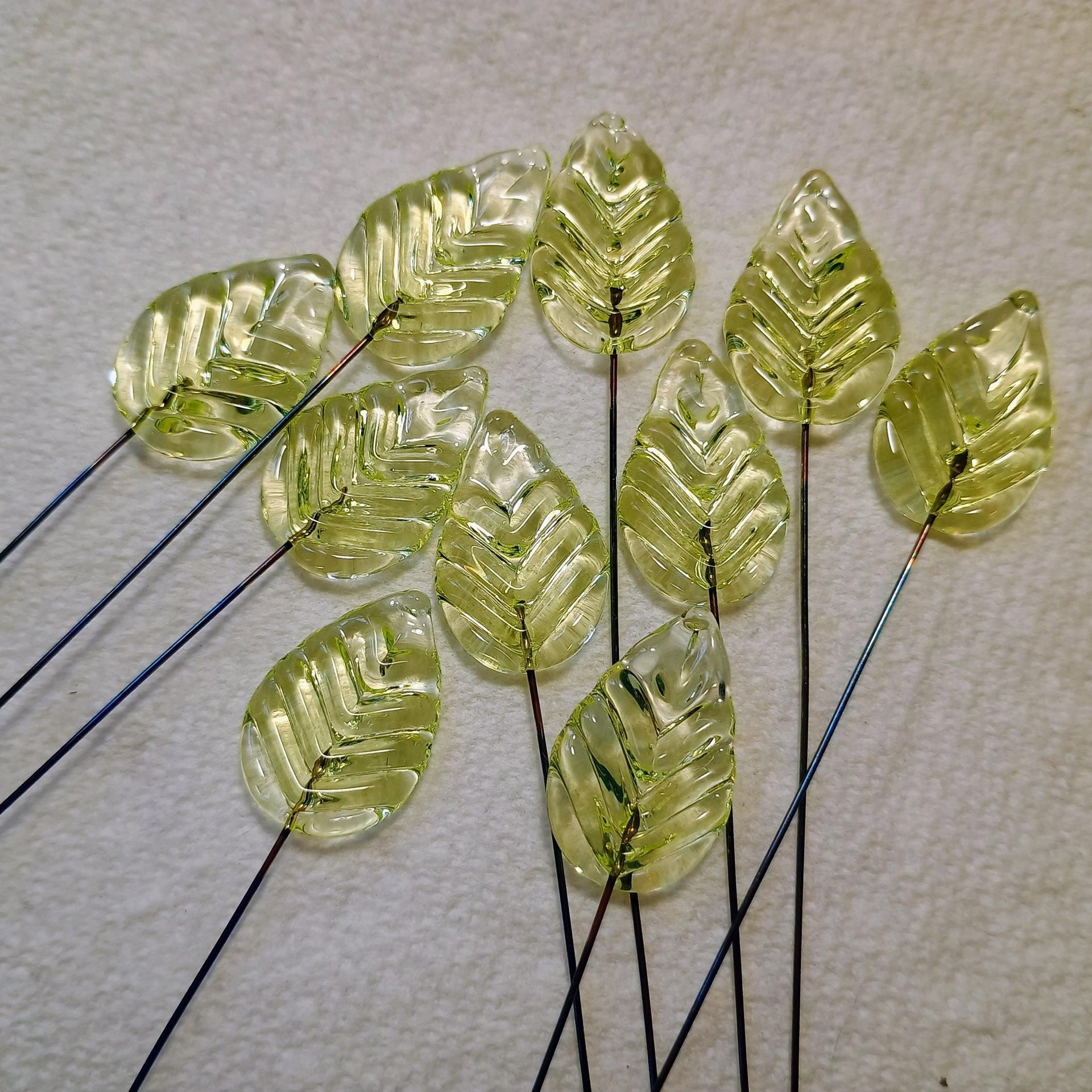 Uranium Leaf Flat - Glass Leaf Headpins, glass flat leaf shape on wire; handcrafted lampwork for flower bouquet, jewelry, mixed media, curio
