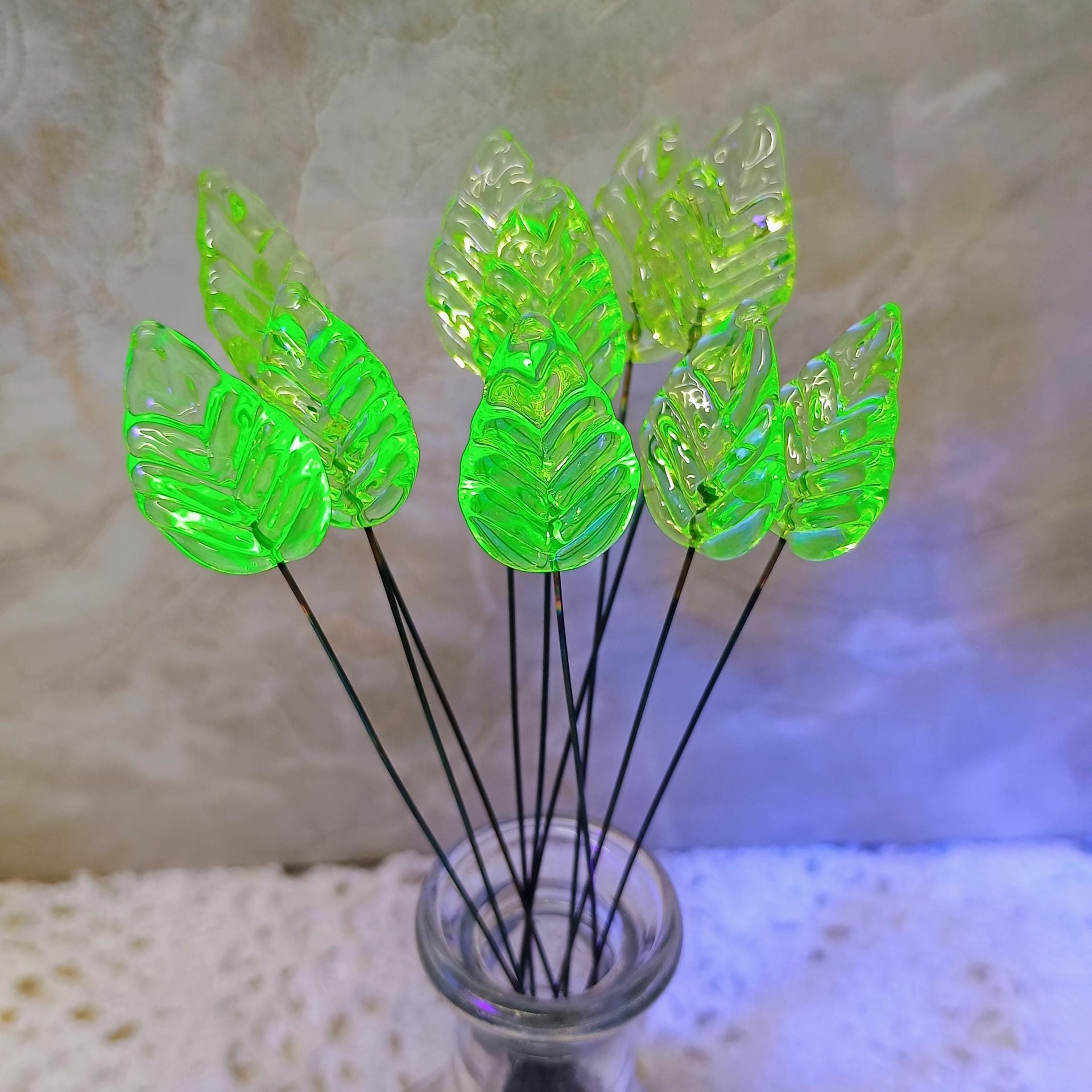 Uranium Leaf Flat - Glass Leaf Headpins, glass flat leaf shape on wire; handcrafted lampwork for flower bouquet, jewelry, mixed media, curio