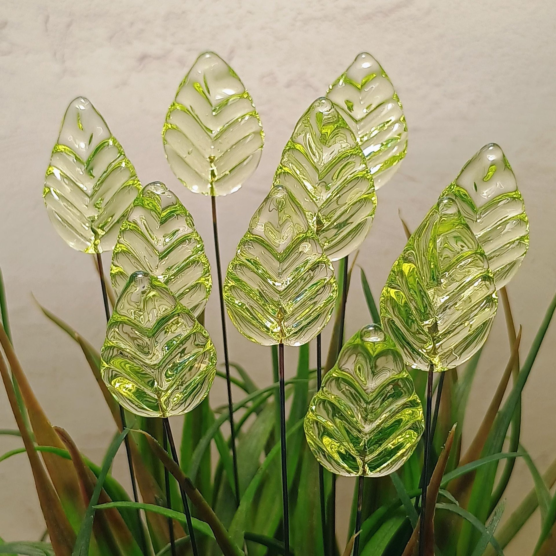 Uranium Leaf Flat - Glass Leaf Headpins, glass flat leaf shape on wire; handcrafted lampwork for flower bouquet, jewelry, mixed media, curio