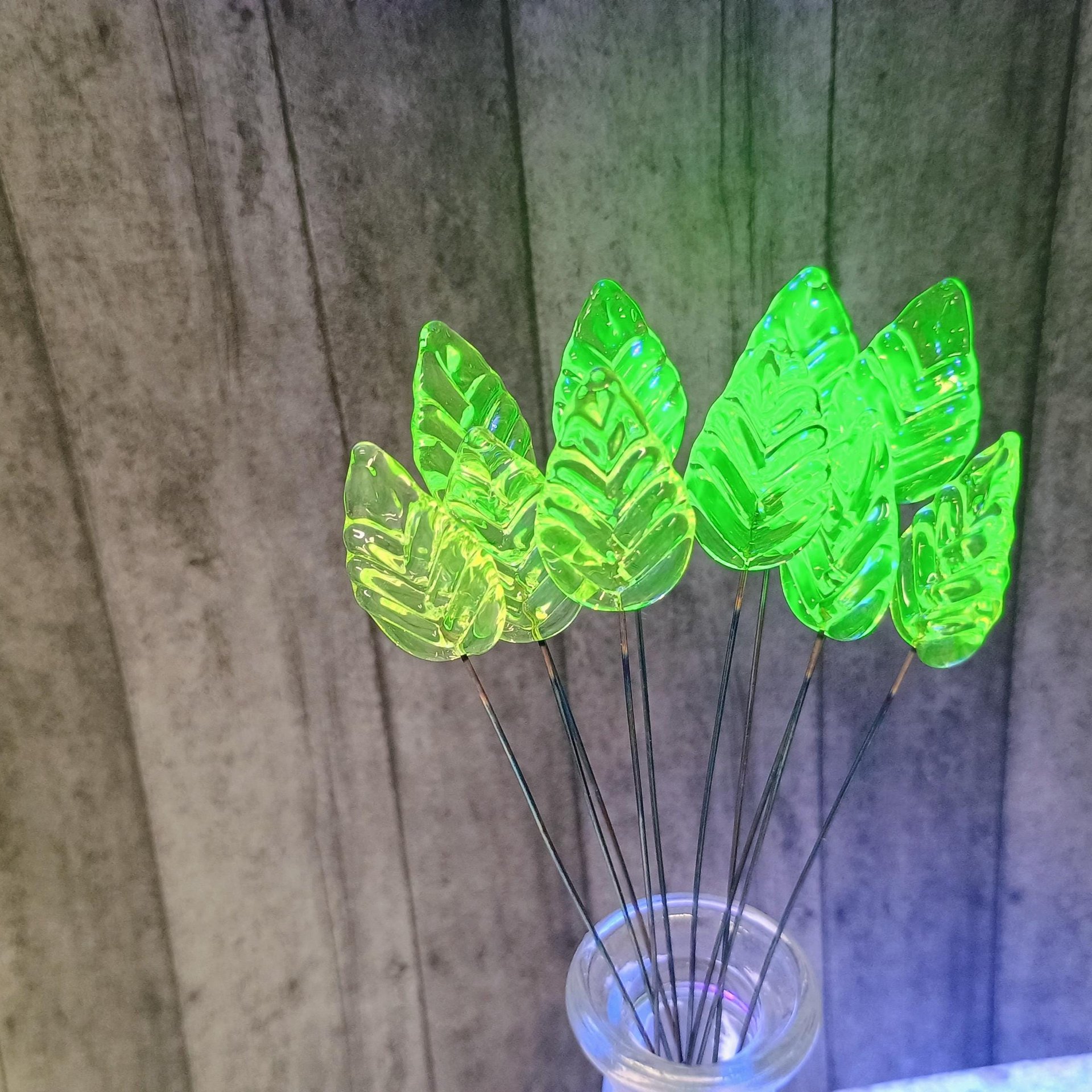 Uranium Leaf Flat - Glass Leaf Headpins, glass flat leaf shape on wire; handcrafted lampwork for flower bouquet, jewelry, mixed media, curio