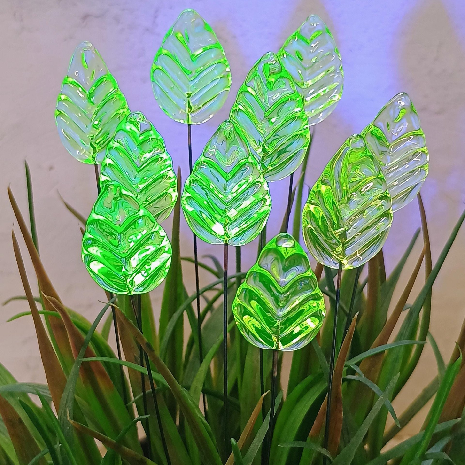 Uranium Leaf Flat - Glass Leaf Headpins, glass flat leaf shape on wire; handcrafted lampwork for flower bouquet, jewelry, mixed media, curio