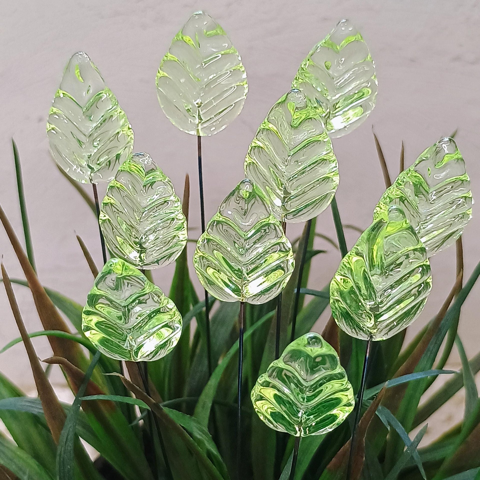 Uranium Leaf Flat - Glass Leaf Headpins, glass flat leaf shape on wire; handcrafted lampwork for flower bouquet, jewelry, mixed media, curio