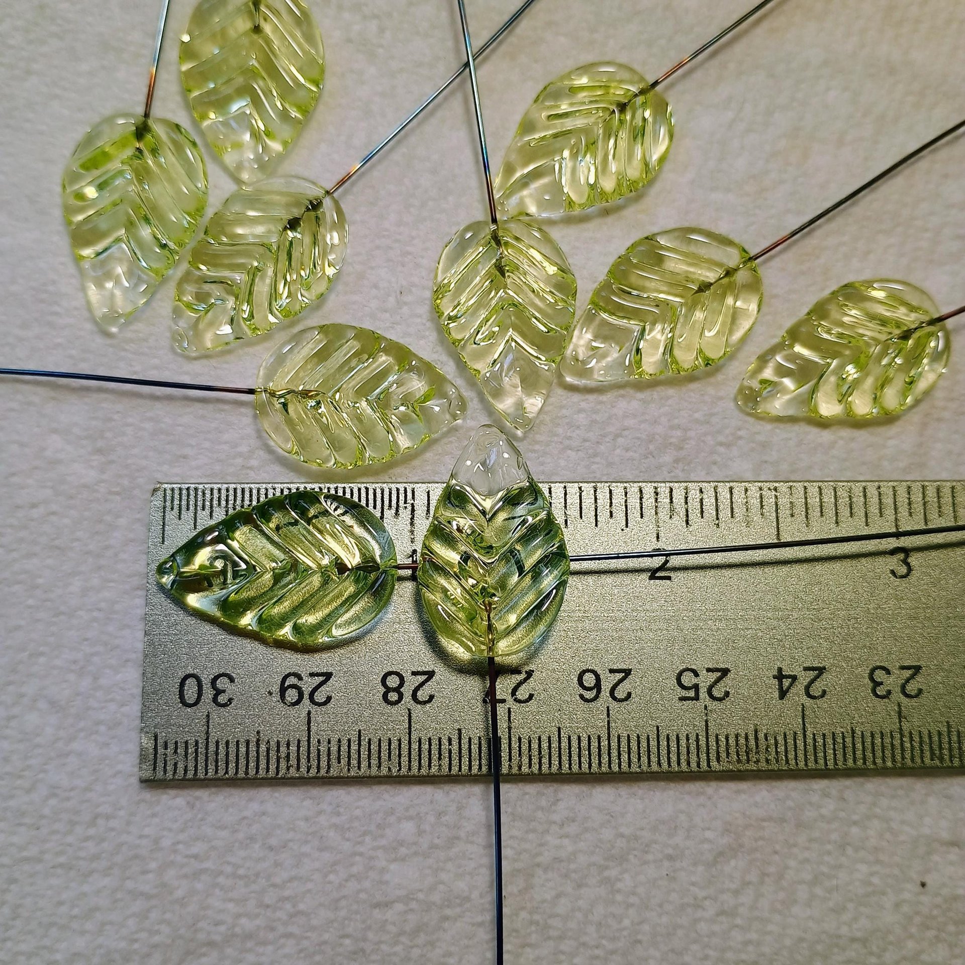 Uranium Leaf Flat - Glass Leaf Headpins, glass flat leaf shape on wire; handcrafted lampwork for flower bouquet, jewelry, mixed media, curio