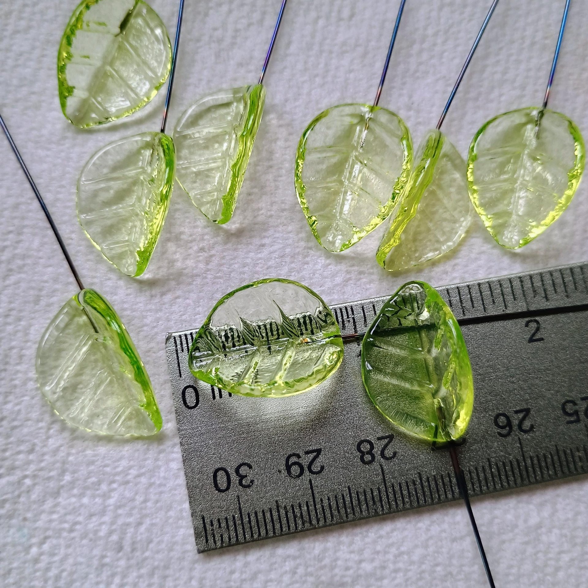 Uranium Leaf Bent - Glass Leaf Headpins, glass bent leaf shape on wire; handcrafted lampwork for flower bouquet, jewelry, mixed media, curio