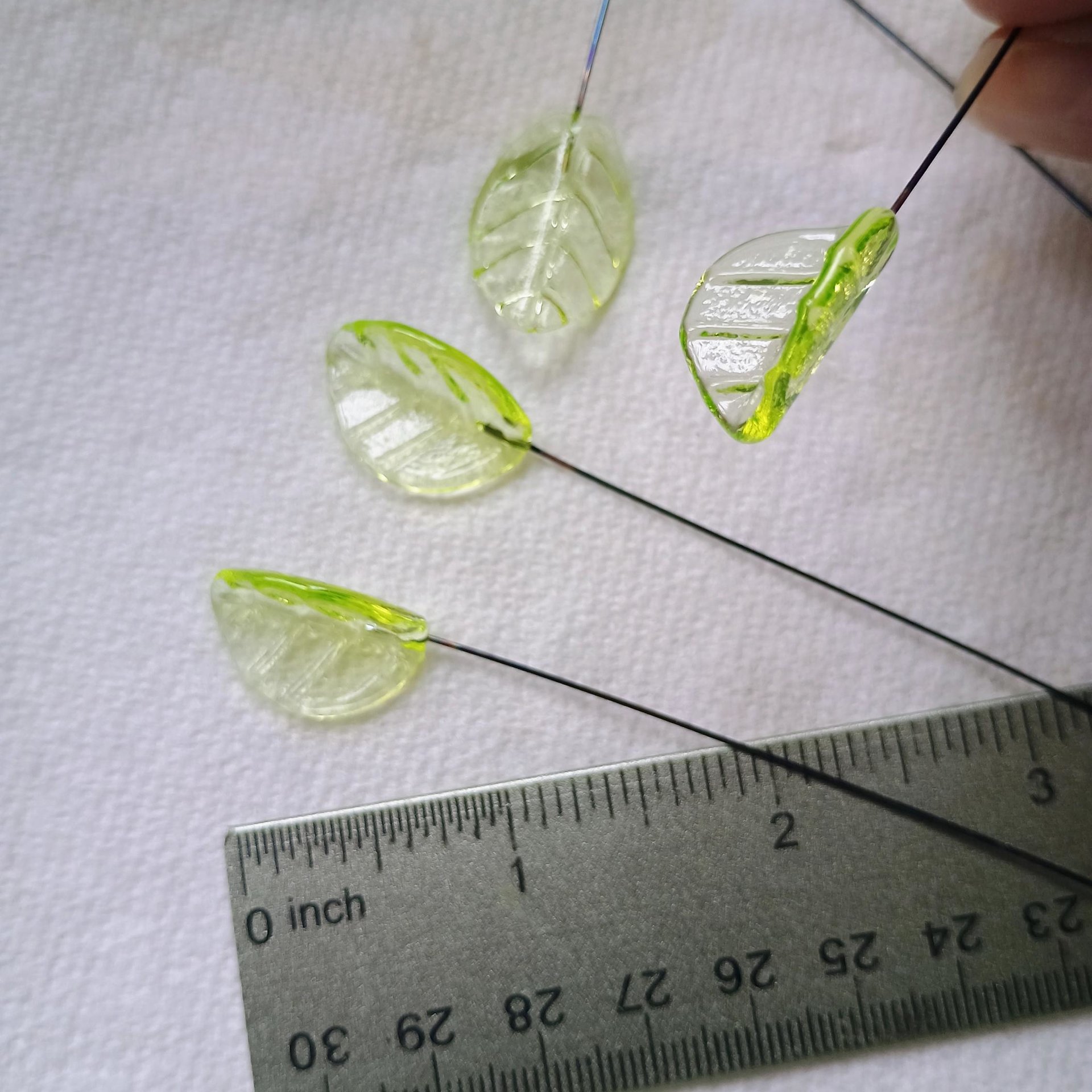 Uranium Leaf Bent - Glass Leaf Headpins, glass bent leaf shape on wire; handcrafted lampwork for flower bouquet, jewelry, mixed media, curio
