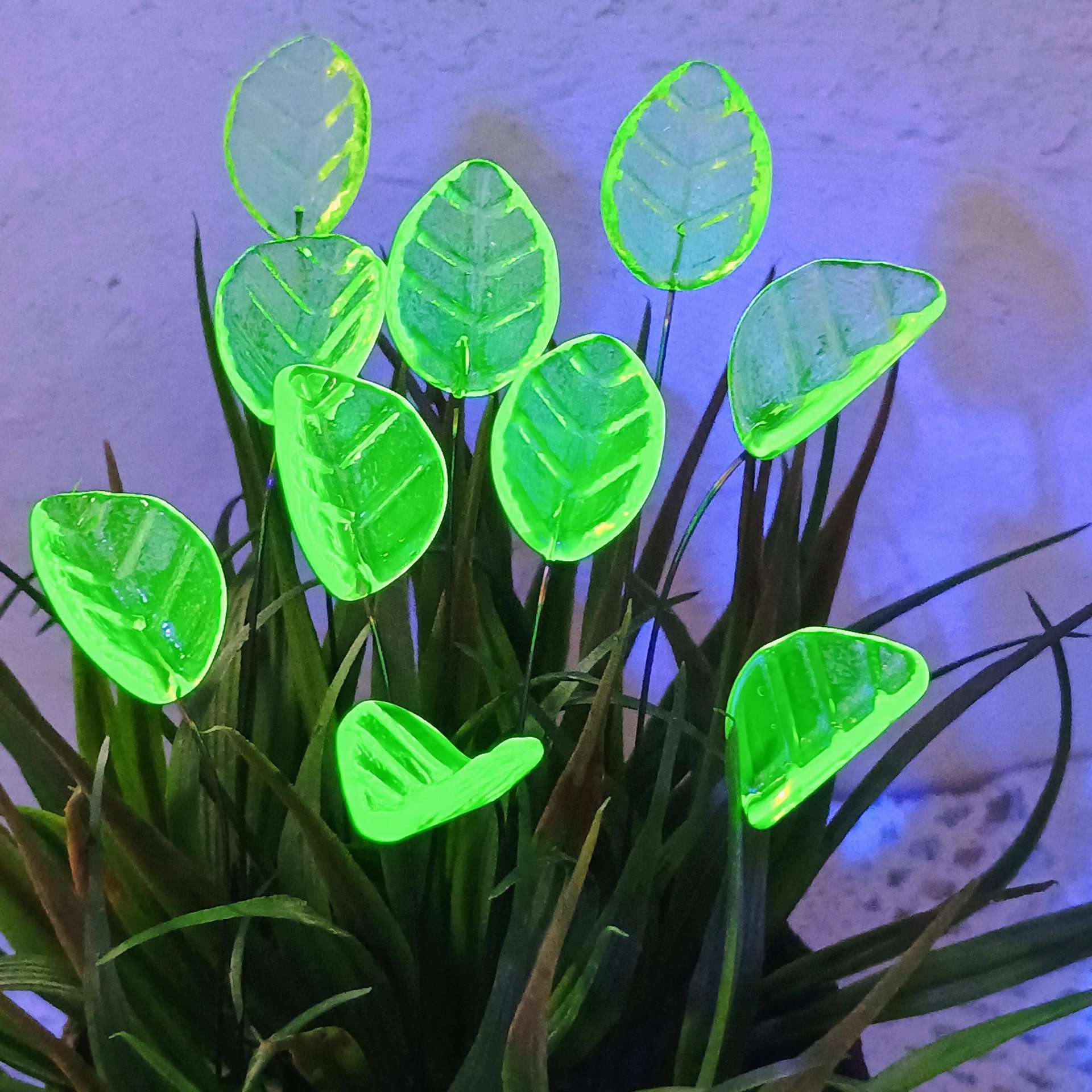 Uranium Leaf Bent - Glass Leaf Headpins, glass bent leaf shape on wire; handcrafted lampwork for flower bouquet, jewelry, mixed media, curio