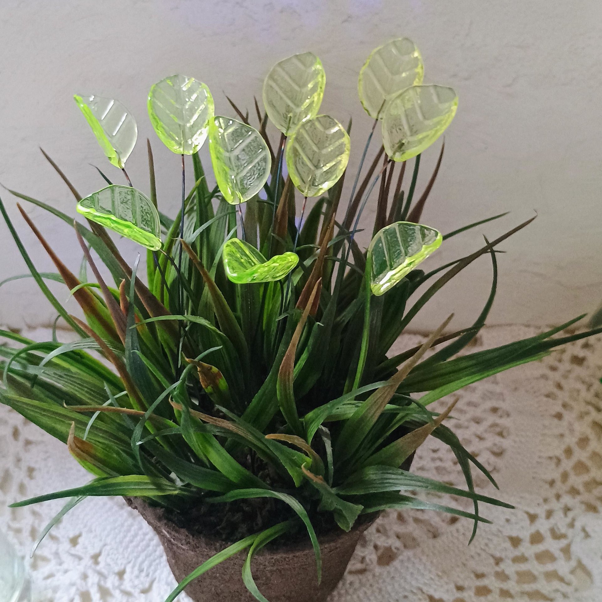 Uranium Leaf Bent - Glass Leaf Headpins, glass bent leaf shape on wire; handcrafted lampwork for flower bouquet, jewelry, mixed media, curio