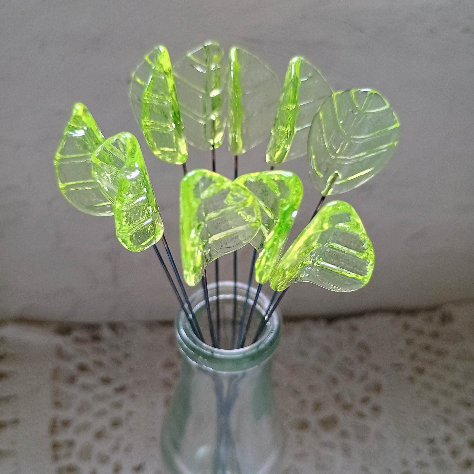 Uranium Leaf Bent - Glass Leaf Headpins, glass bent leaf shape on wire; handcrafted lampwork for flower bouquet, jewelry, mixed media, curio