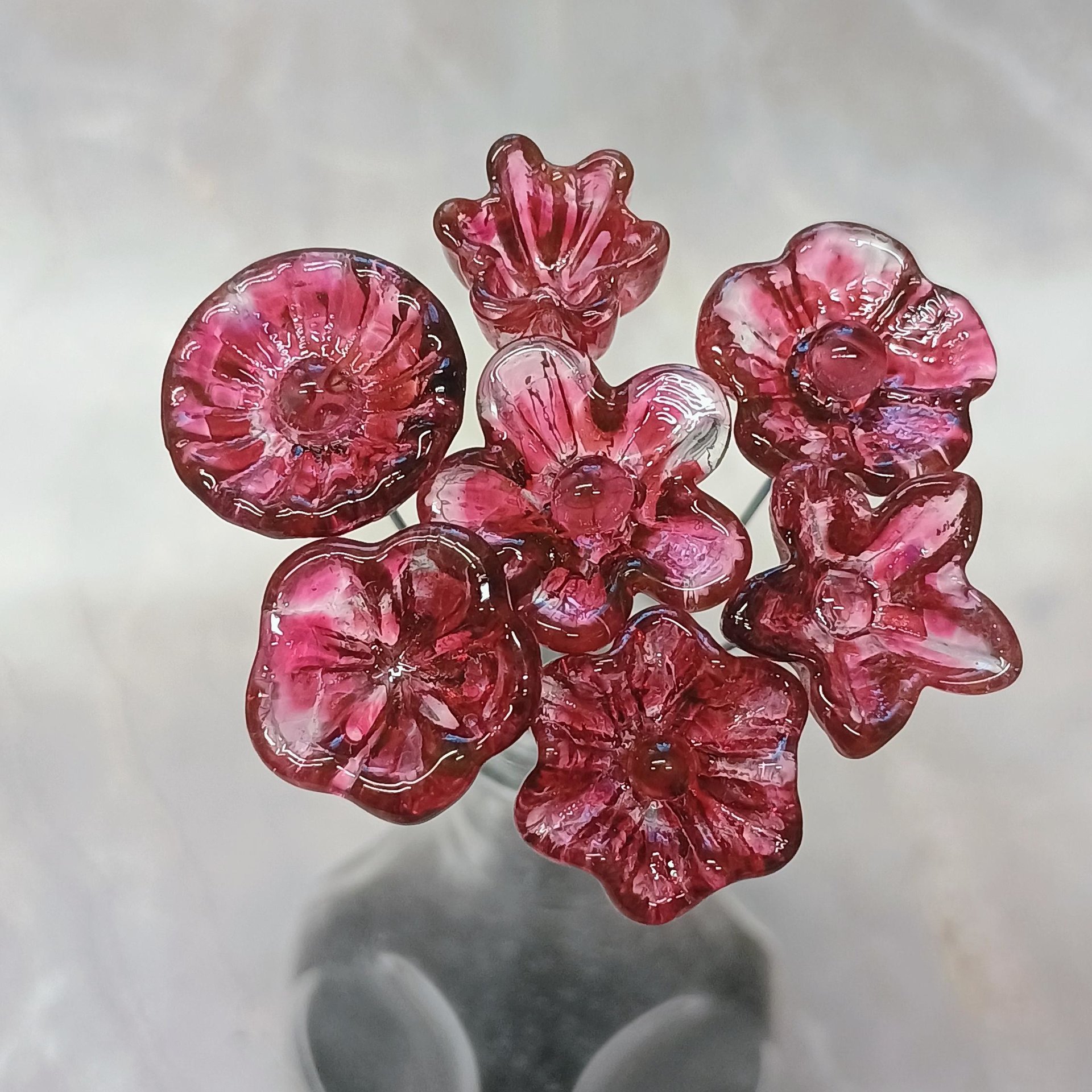 Variegated Cranberry glass flower on wire headpins; tiny small mini glass flowers  handmade lampwork, jewelry, bouquets, gifts, mixed media