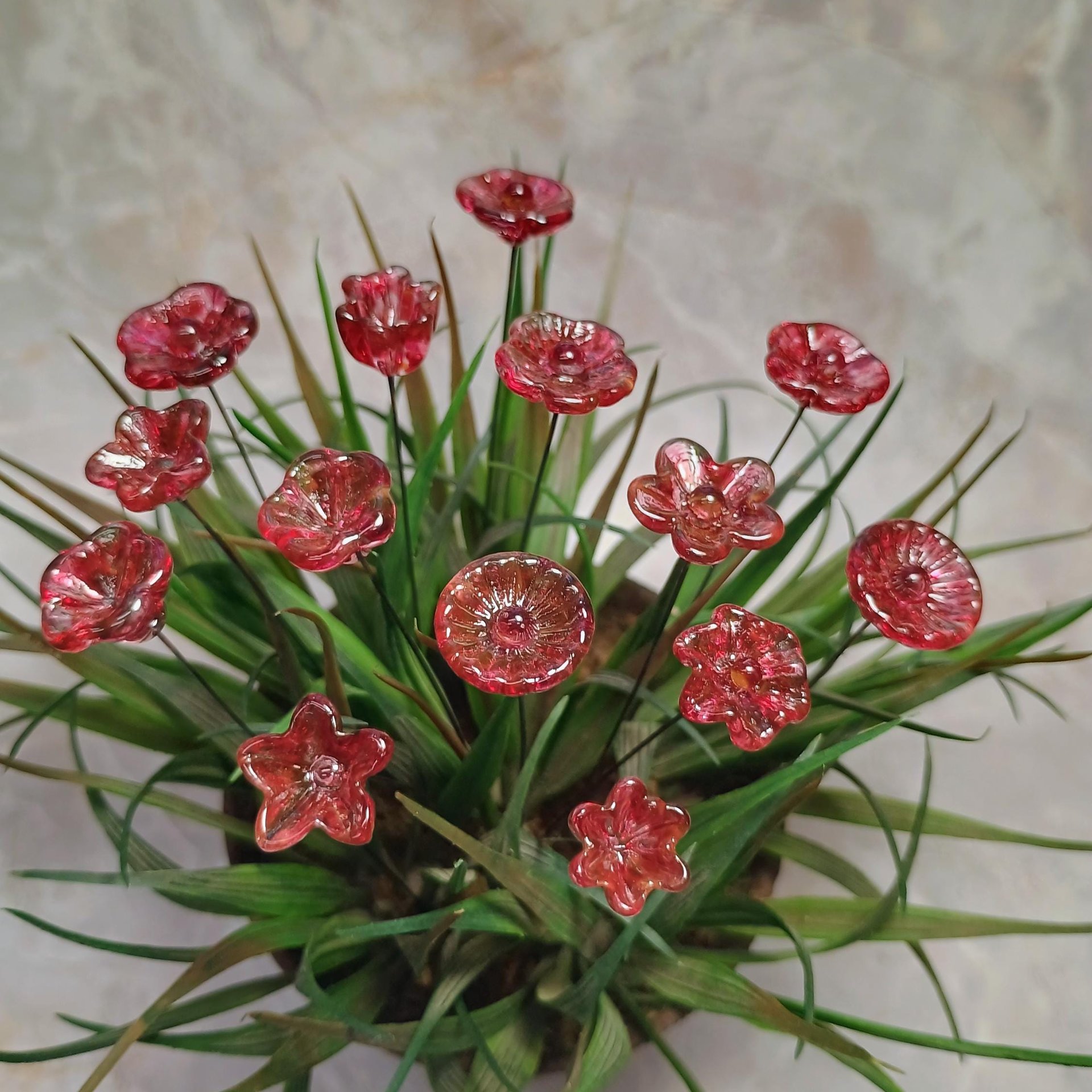 Variegated Cranberry glass flower on wire headpins; tiny small mini glass flowers  handmade lampwork, jewelry, bouquets, gifts, mixed media