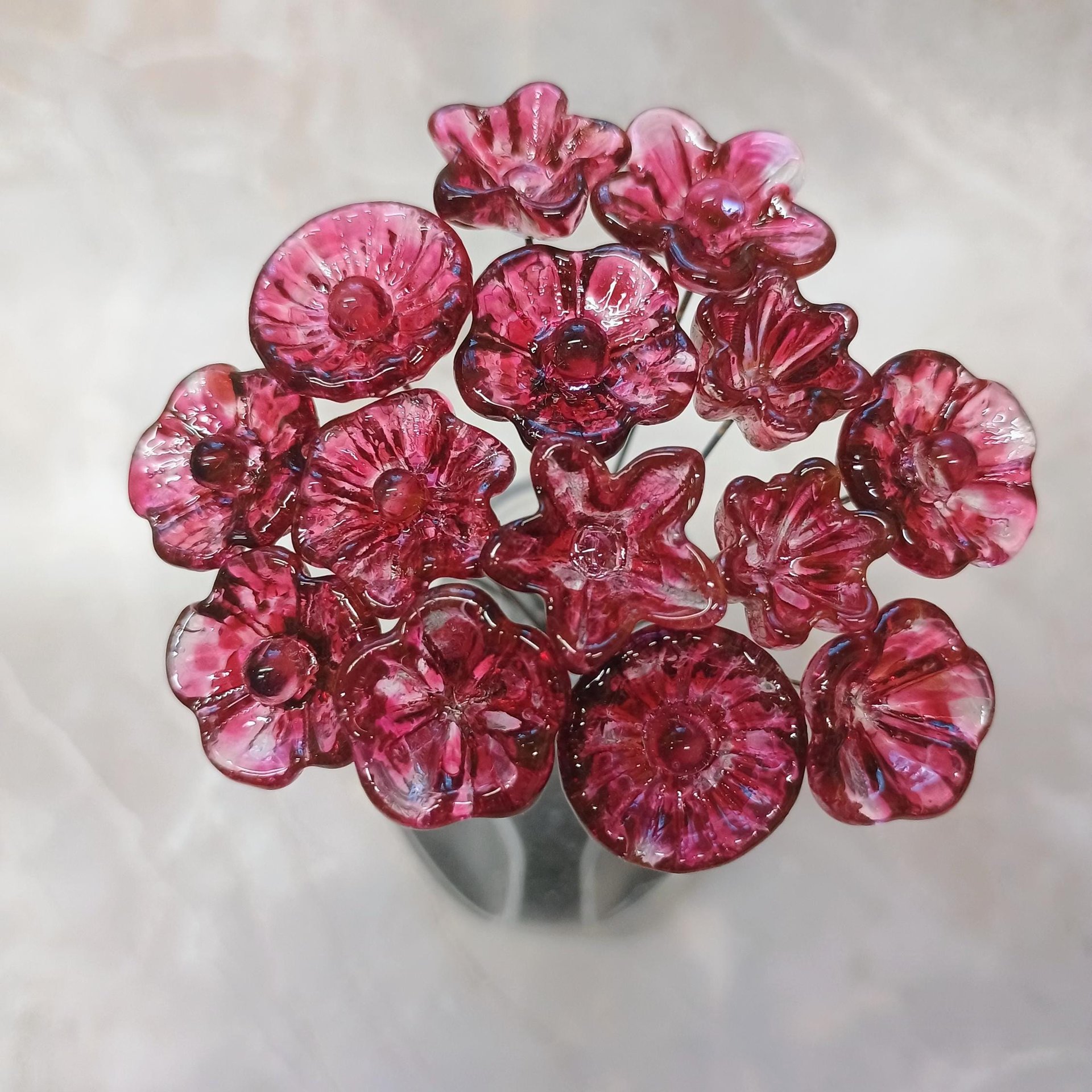 Variegated Cranberry glass flower on wire headpins; tiny small mini glass flowers  handmade lampwork, jewelry, bouquets, gifts, mixed media