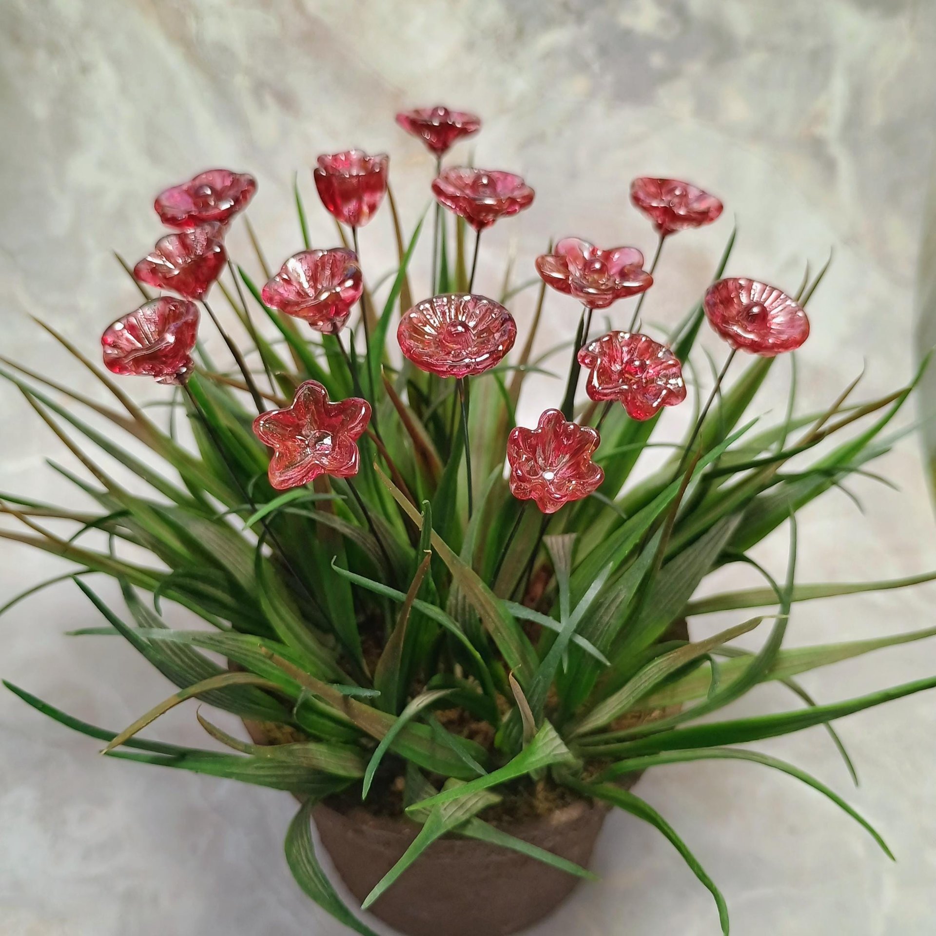Variegated Cranberry glass flower on wire headpins; tiny small mini glass flowers  handmade lampwork, jewelry, bouquets, gifts, mixed media