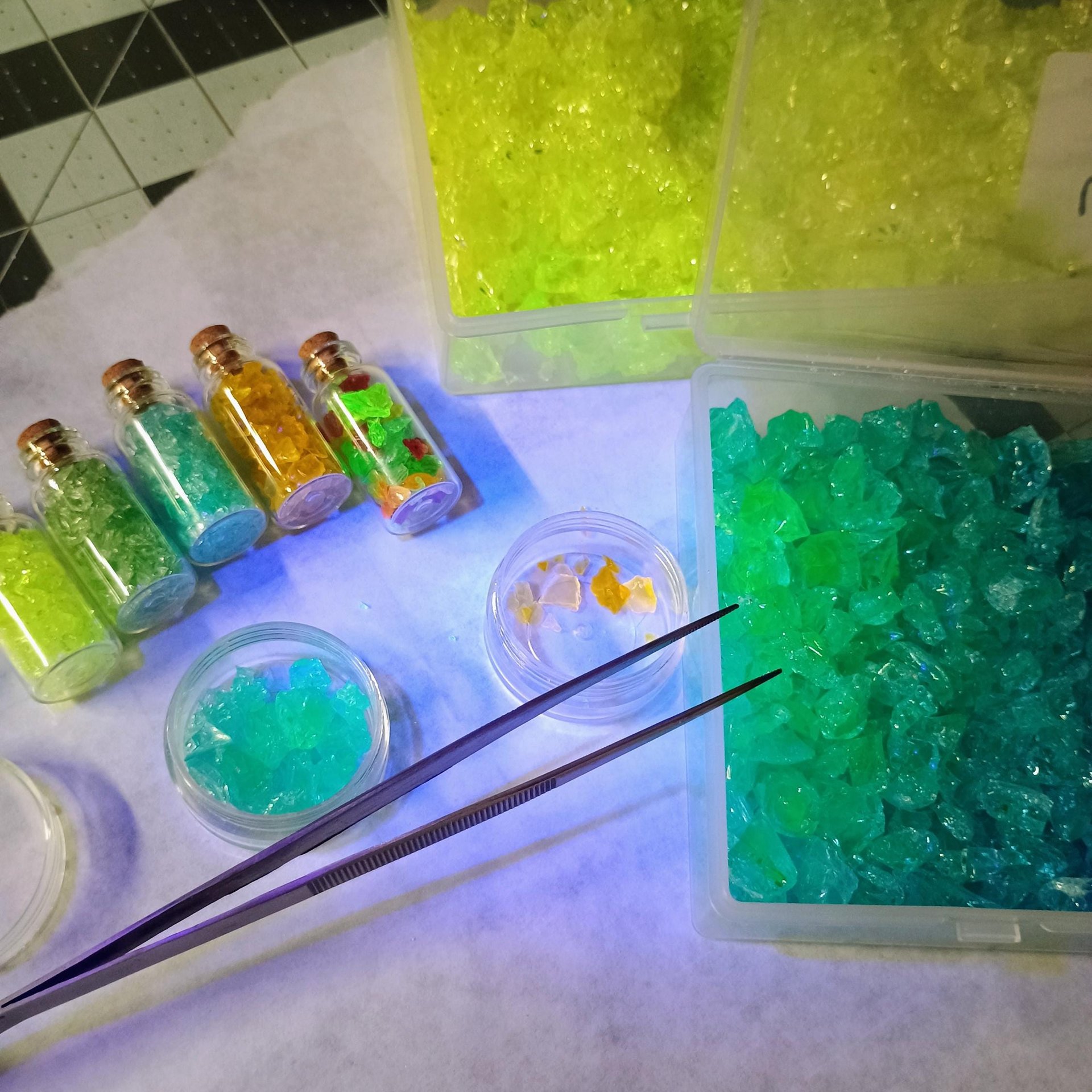 Uranium UV Glass Chips in Larger 1.75" Bottle Jar; Uranium, Green, Blue, Yellow, Amberina; curio, jewelry, mixed media, UV GLOW 365nm 395nm