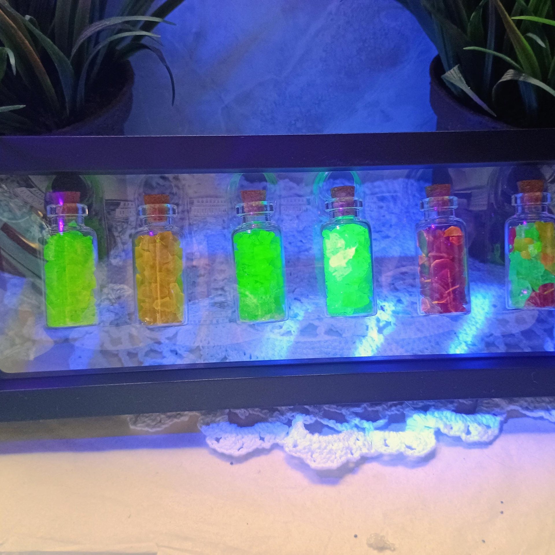 Uranium UV Glass Chips in Larger 1.75" Bottle Jar; Uranium, Green, Blue, Yellow, Amberina; curio, jewelry, mixed media, UV GLOW 365nm 395nm