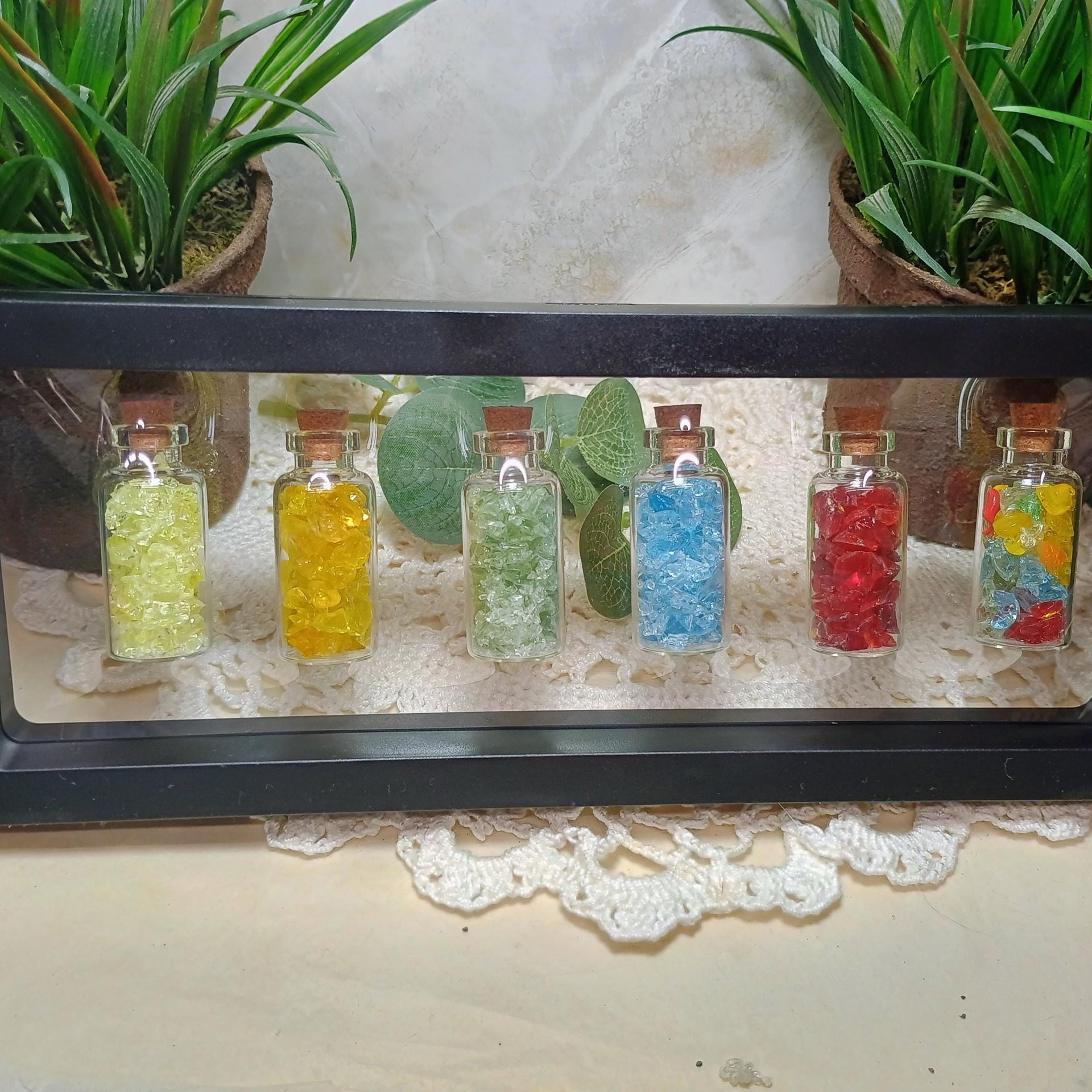 Uranium UV Glass Chips in Larger 1.75" Bottle Jar; Uranium, Green, Blue, Yellow, Amberina; curio, jewelry, mixed media, UV GLOW 365nm 395nm
