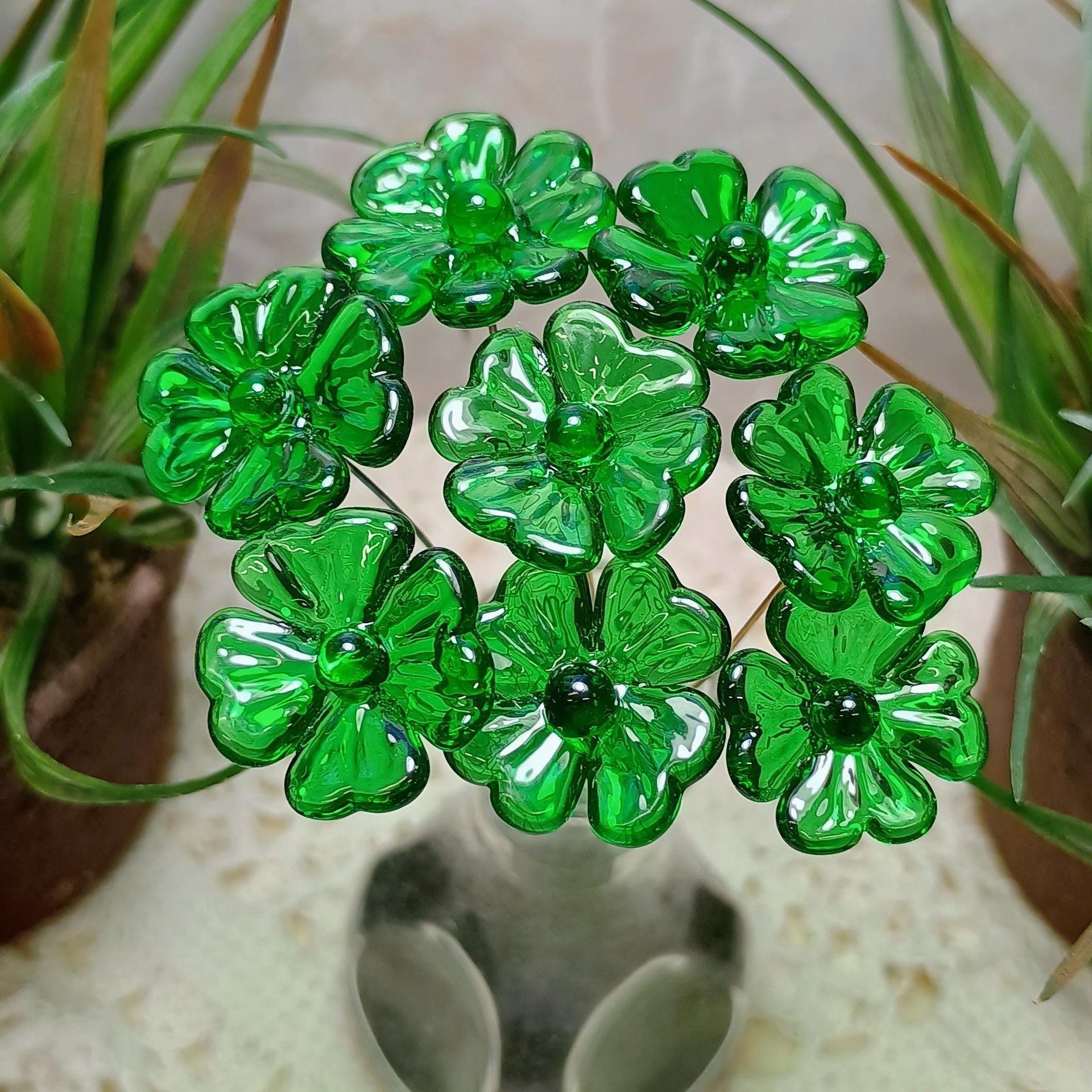 Glass 4 leaf Clover Shamrock, Luck of the Irish, kelly green handblown lampwork plant pick on 5in wire. bouquet, Irish gift, approx 3/4inch
