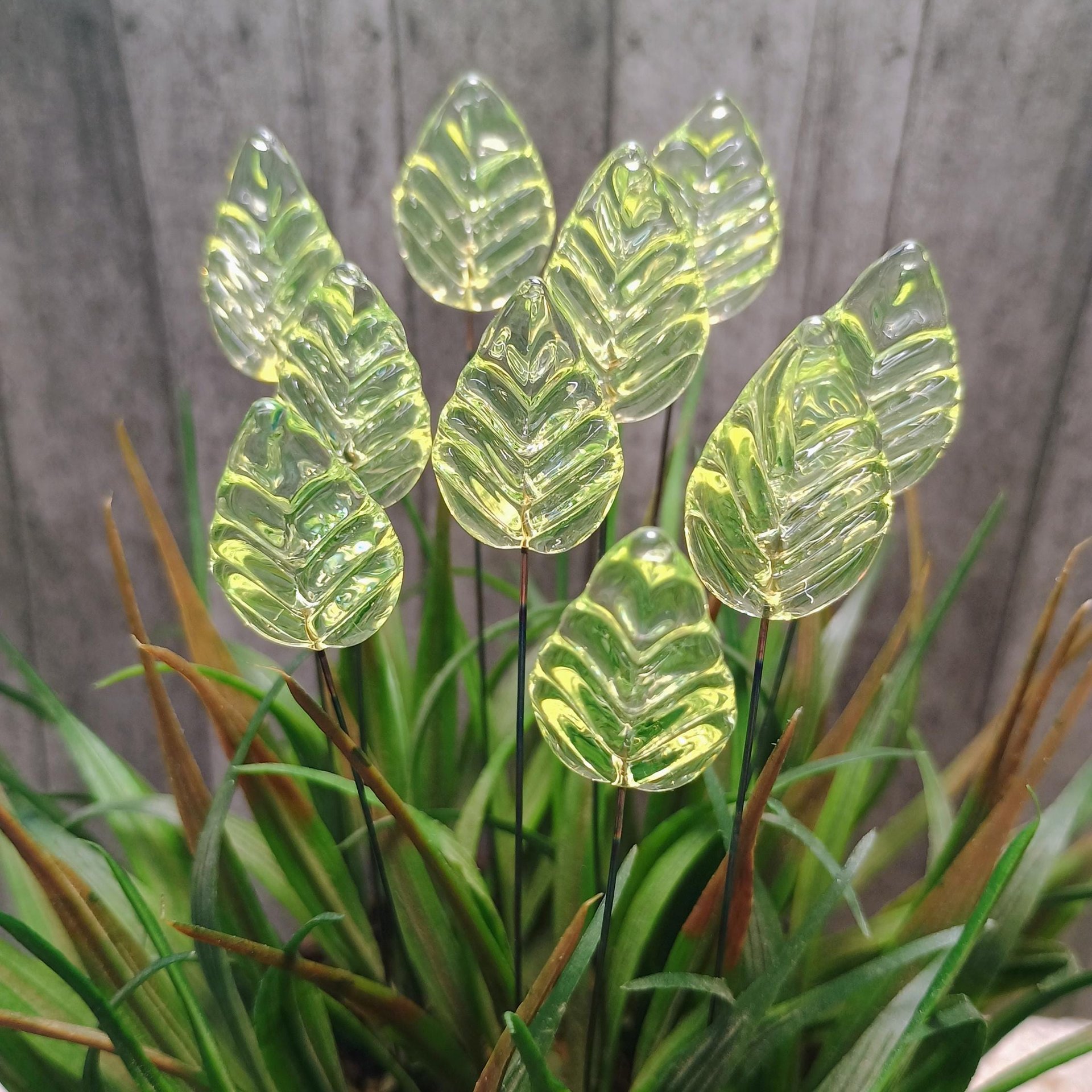 Uranium Leaf Flat - Glass Leaf Headpins, glass flat leaf shape on wire; handcrafted lampwork for flower bouquet, jewelry, mixed media, curio