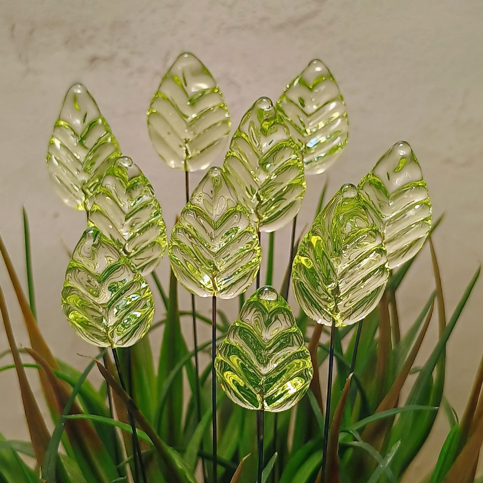 Uranium Leaf Flat - Glass Leaf Headpins, glass flat leaf shape on wire; handcrafted lampwork for flower bouquet, jewelry, mixed media, curio