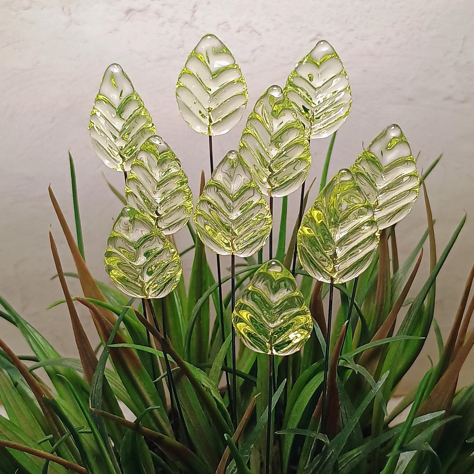 Uranium Leaf Flat - Glass Leaf Headpins, glass flat leaf shape on wire; handcrafted lampwork for flower bouquet, jewelry, mixed media, curio