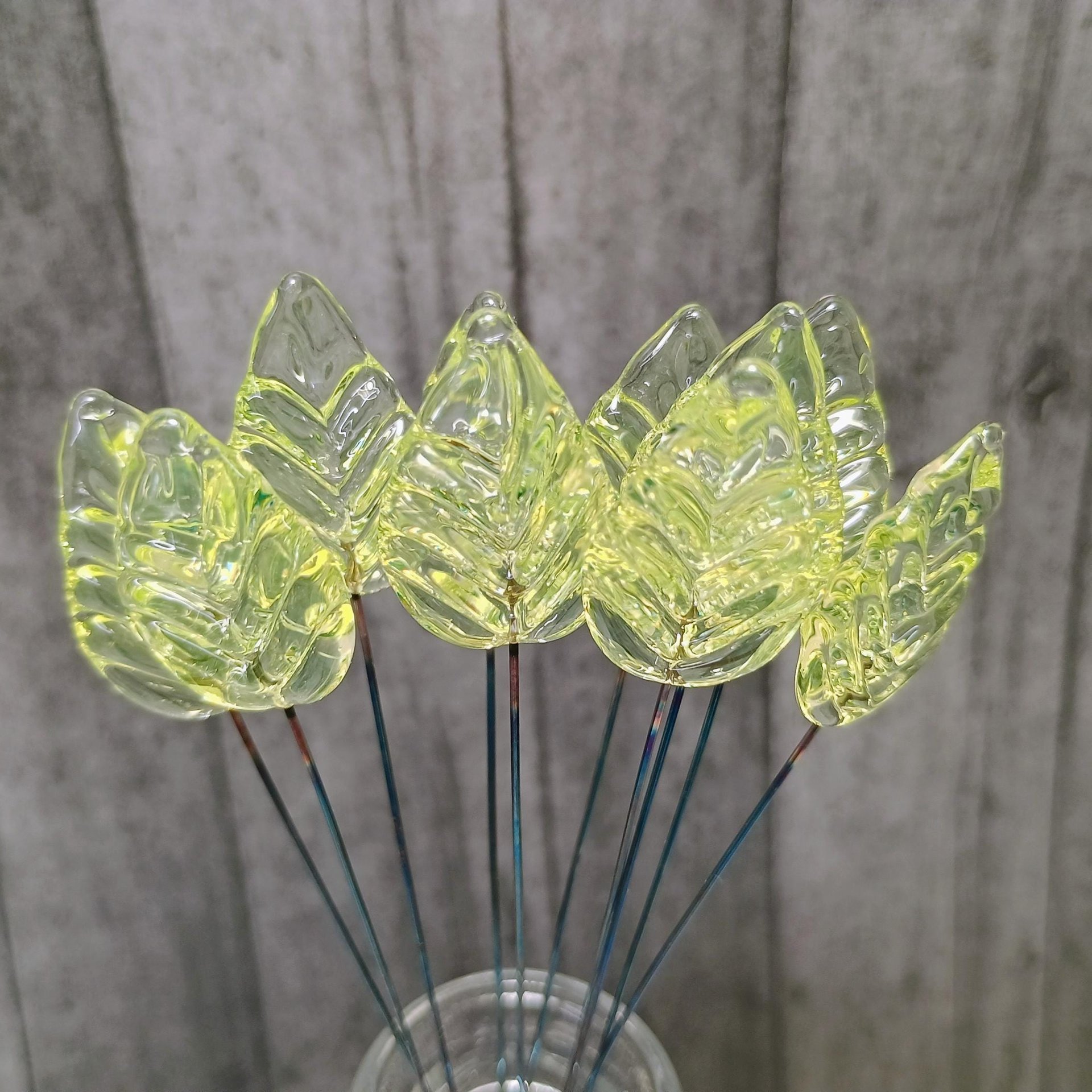 Uranium Leaf Flat - Glass Leaf Headpins, glass flat leaf shape on wire; handcrafted lampwork for flower bouquet, jewelry, mixed media, curio