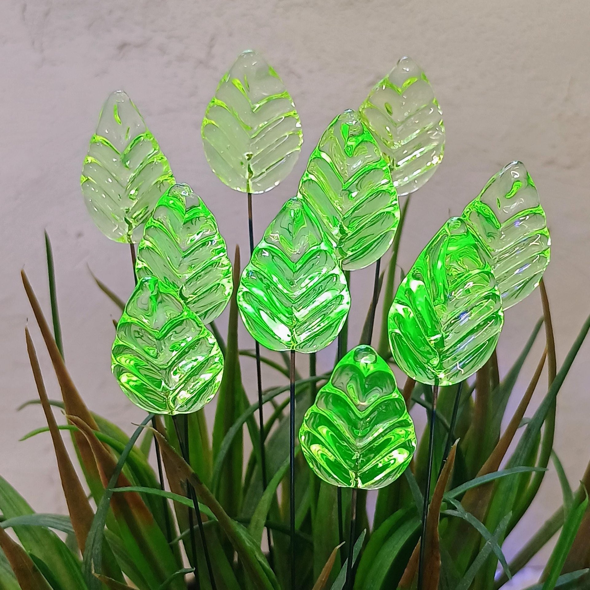 Uranium Leaf Flat - Glass Leaf Headpins, glass flat leaf shape on wire; handcrafted lampwork for flower bouquet, jewelry, mixed media, curio