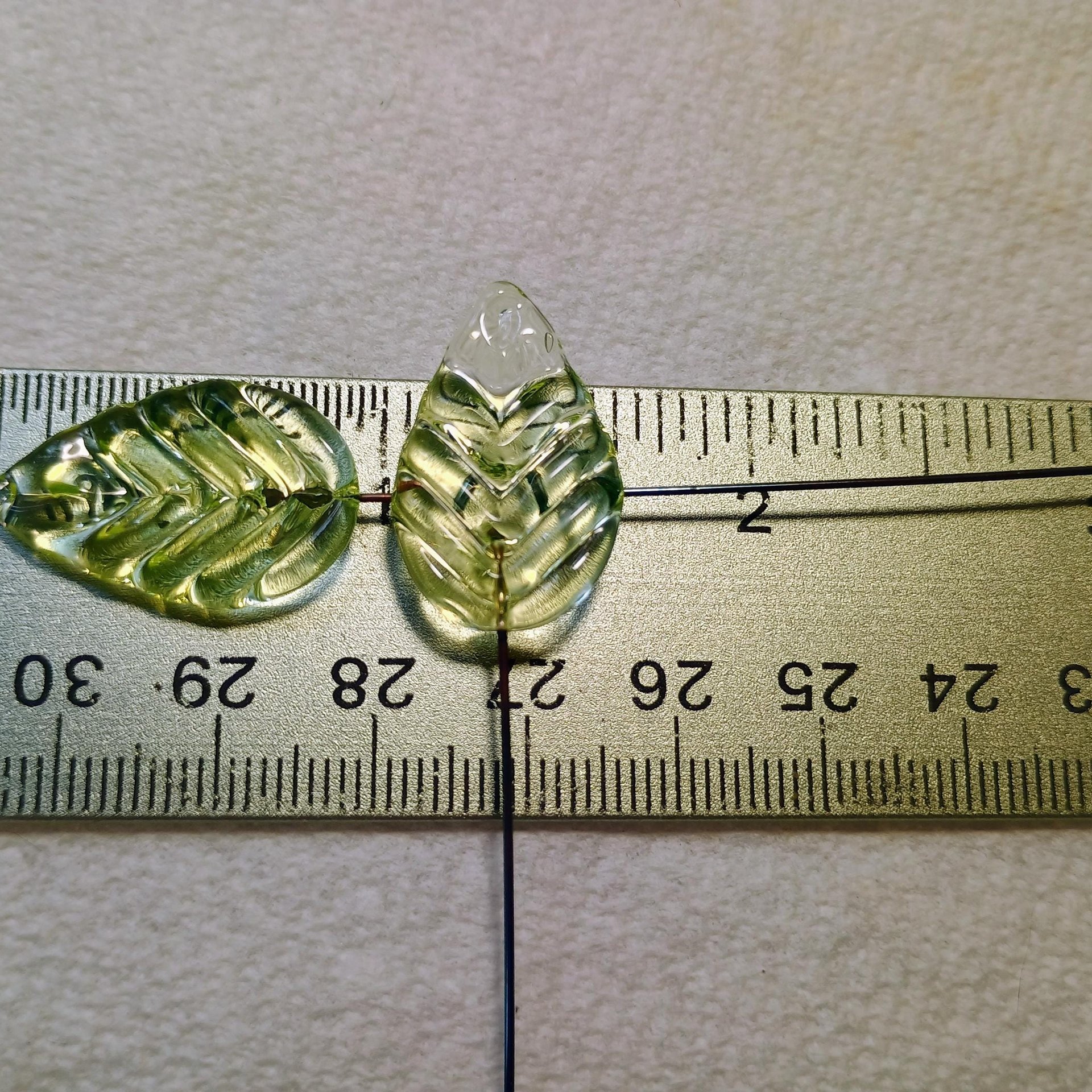 Uranium Leaf Flat - Glass Leaf Headpins, glass flat leaf shape on wire; handcrafted lampwork for flower bouquet, jewelry, mixed media, curio