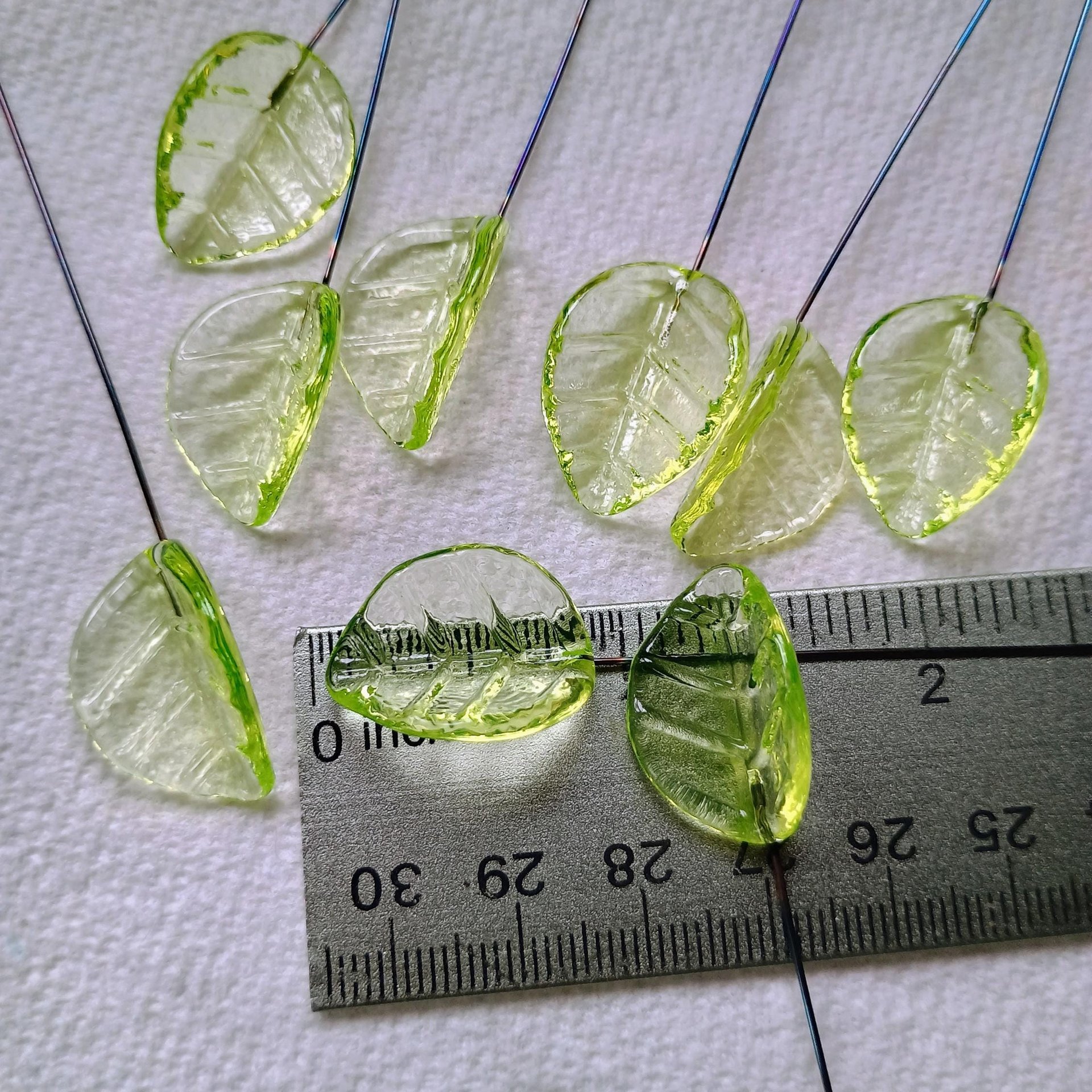 Uranium Leaf Bent - Glass Leaf Headpins, glass bent leaf shape on wire; handcrafted lampwork for flower bouquet, jewelry, mixed media, curio