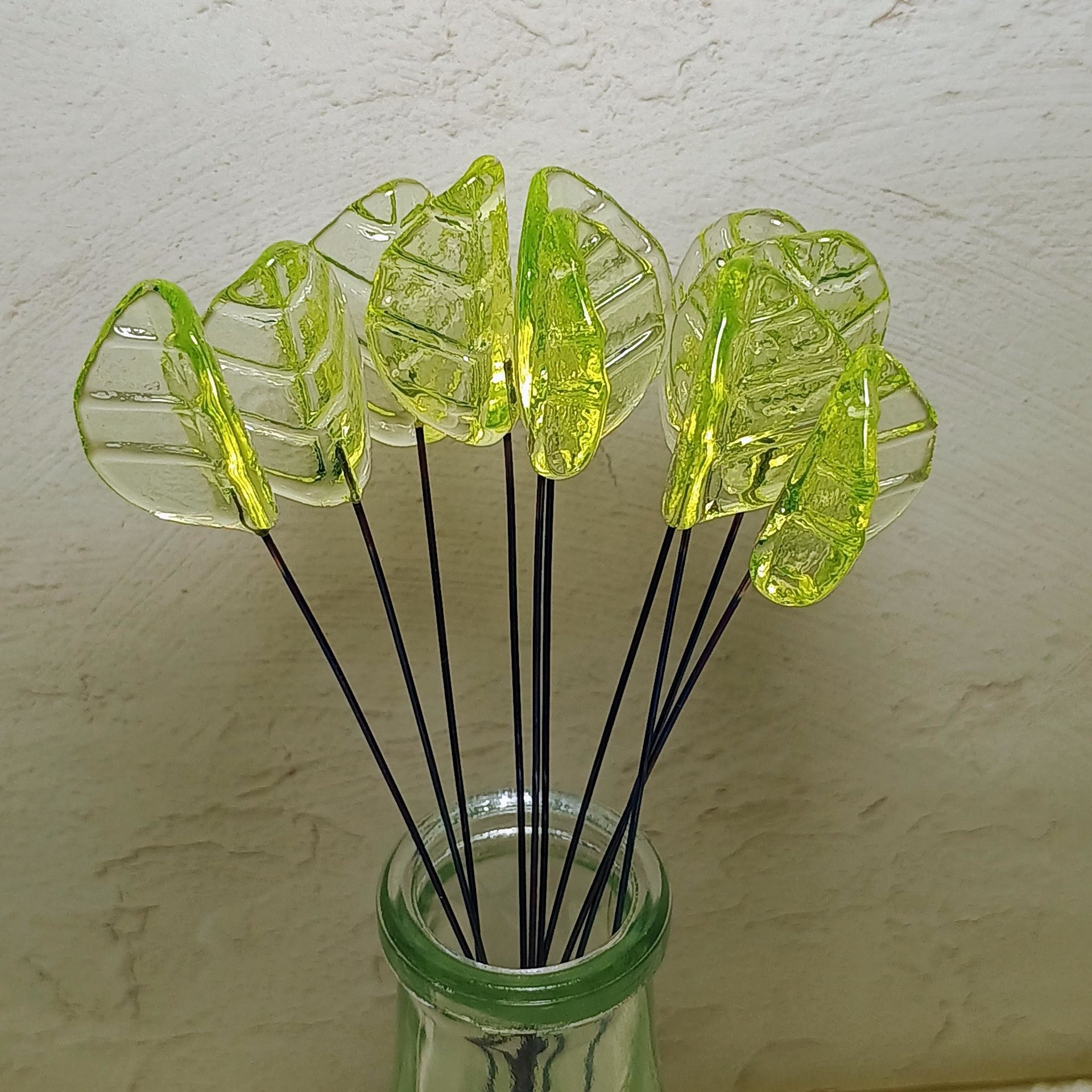 Uranium Leaf Bent - Glass Leaf Headpins, glass bent leaf shape on wire; handcrafted lampwork for flower bouquet, jewelry, mixed media, curio