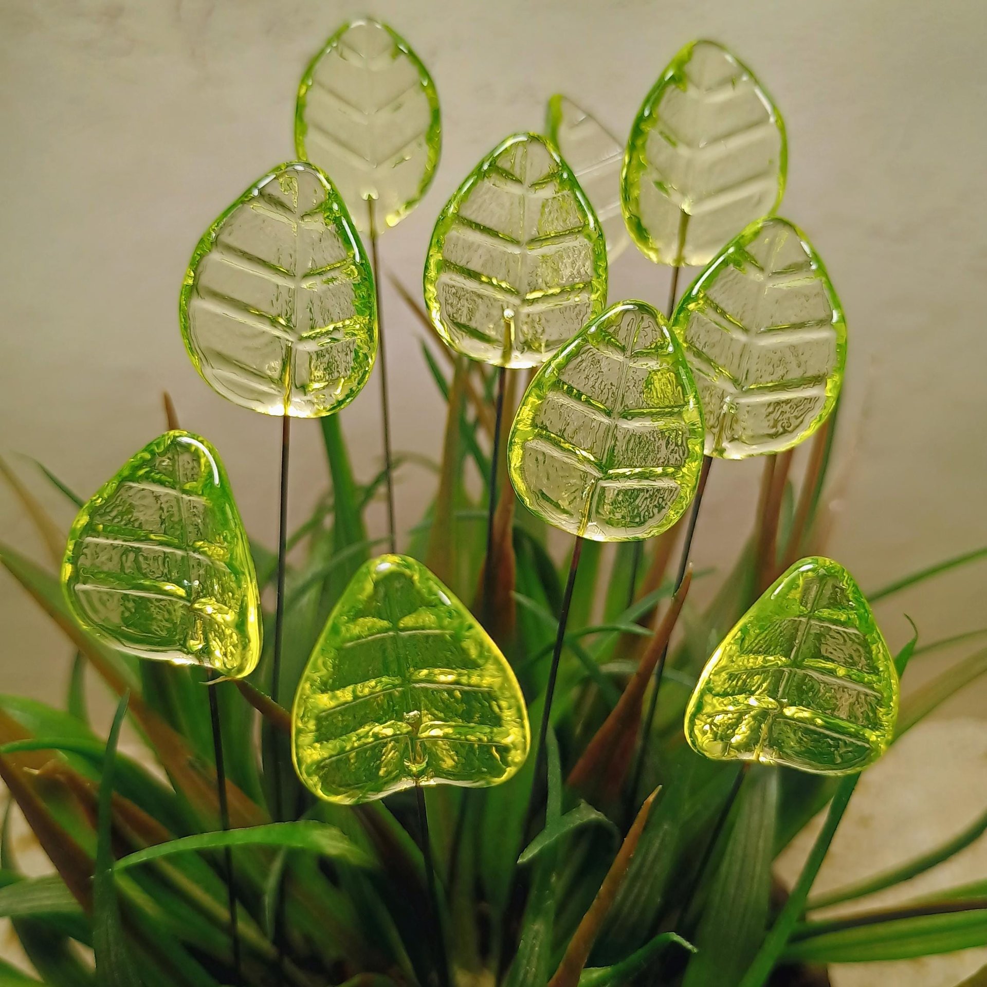 Uranium Leaf Bent - Glass Leaf Headpins, glass bent leaf shape on wire; handcrafted lampwork for flower bouquet, jewelry, mixed media, curio