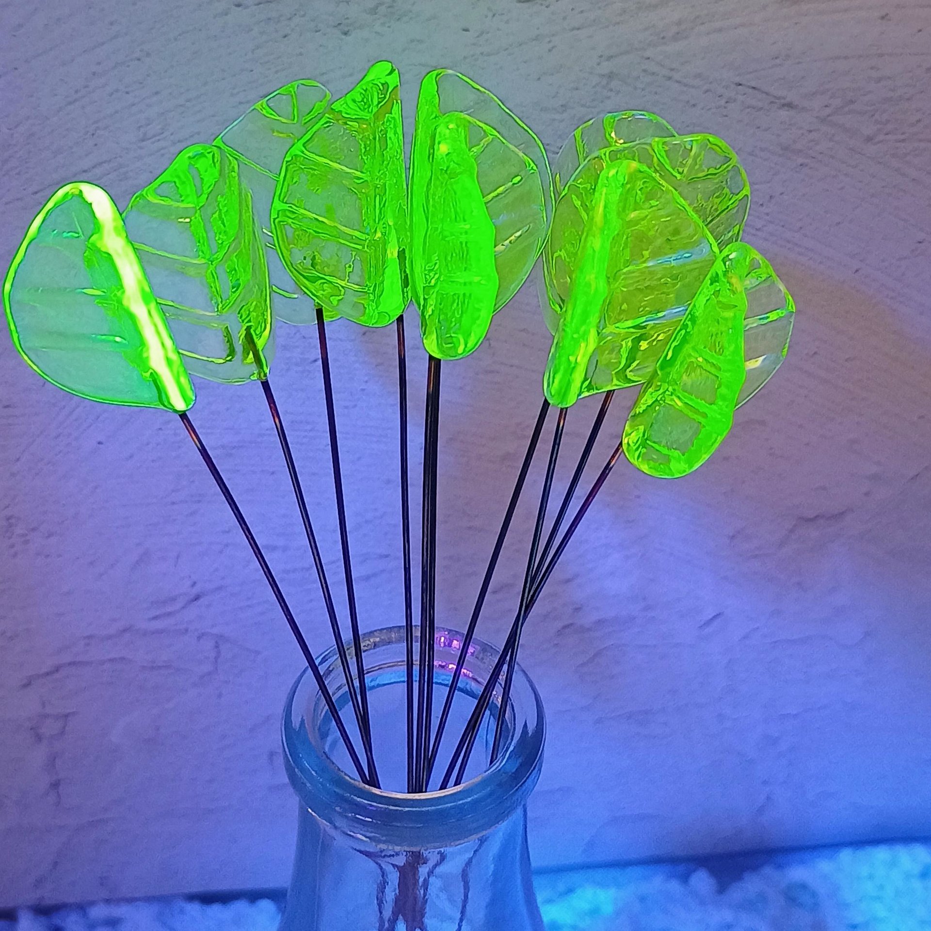 Uranium Leaf Bent - Glass Leaf Headpins, glass bent leaf shape on wire; handcrafted lampwork for flower bouquet, jewelry, mixed media, curio