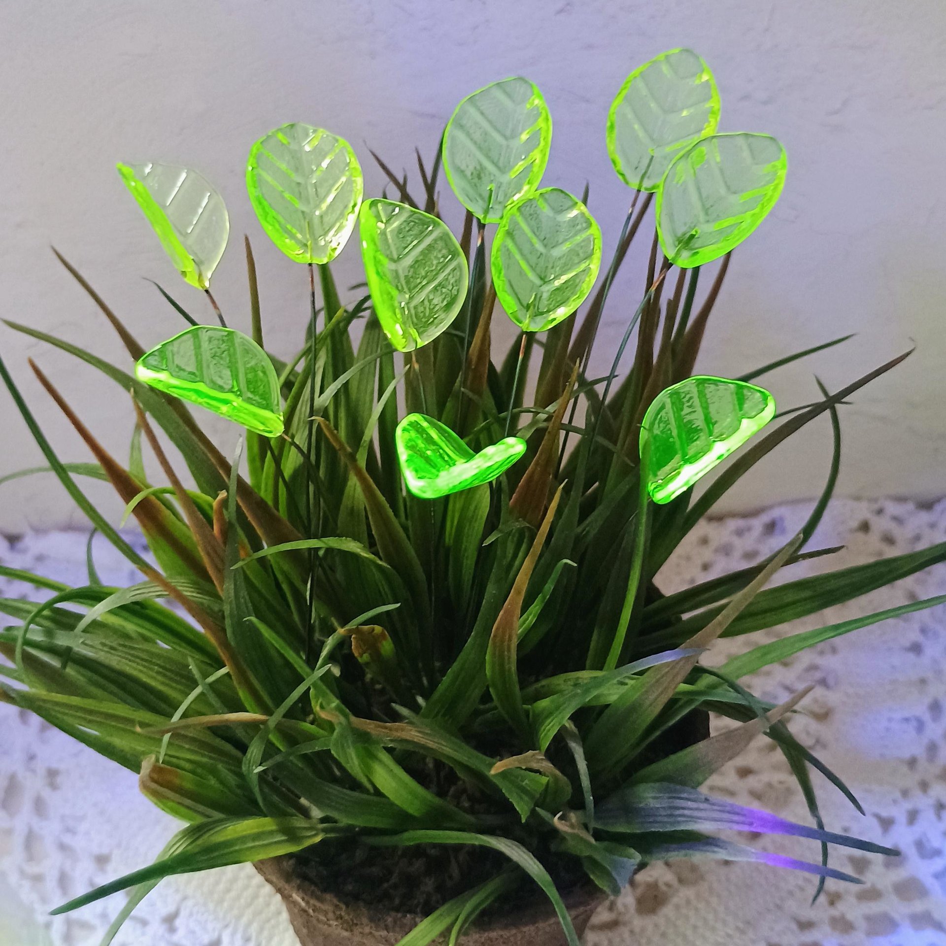 Uranium Leaf Bent - Glass Leaf Headpins, glass bent leaf shape on wire; handcrafted lampwork for flower bouquet, jewelry, mixed media, curio