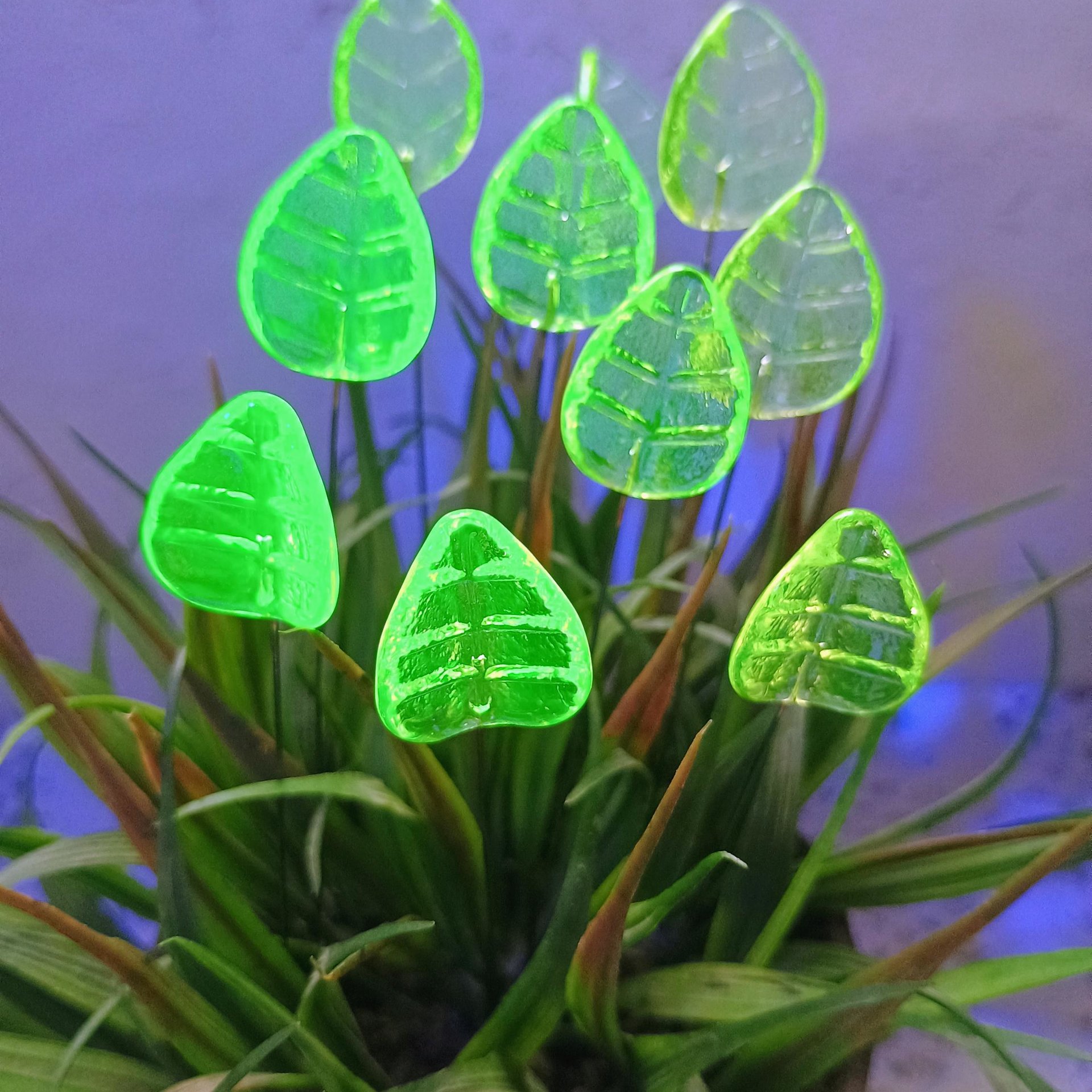 Uranium Leaf Bent - Glass Leaf Headpins, glass bent leaf shape on wire; handcrafted lampwork for flower bouquet, jewelry, mixed media, curio